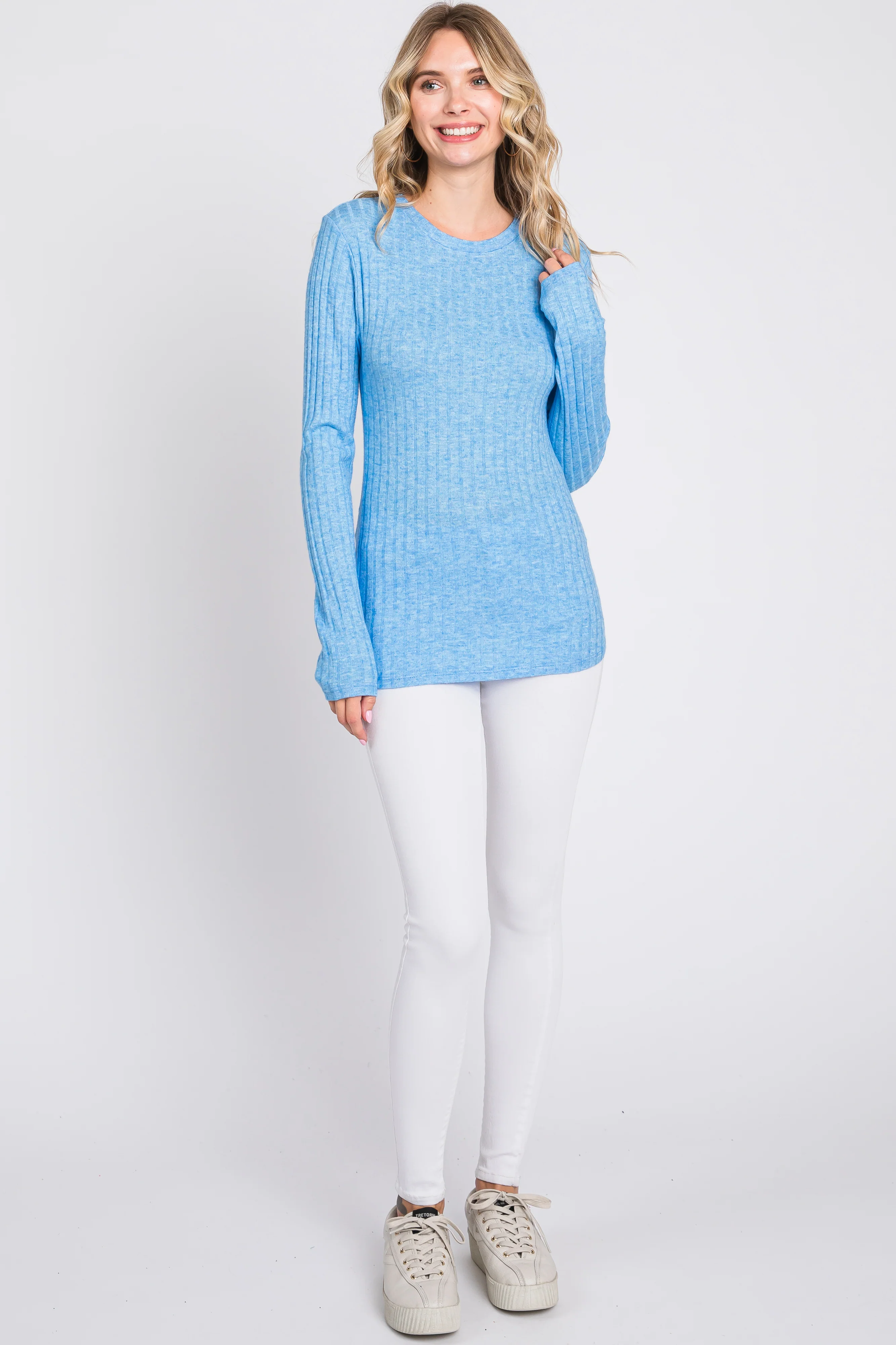 Blue Ribbed Long Sleeve Top - Image 5