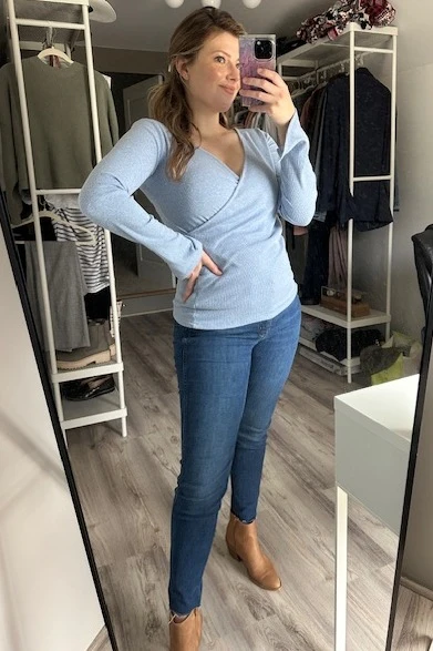 Blue Ribbed Long Sleeve Wrap Nursing Top - Image 7