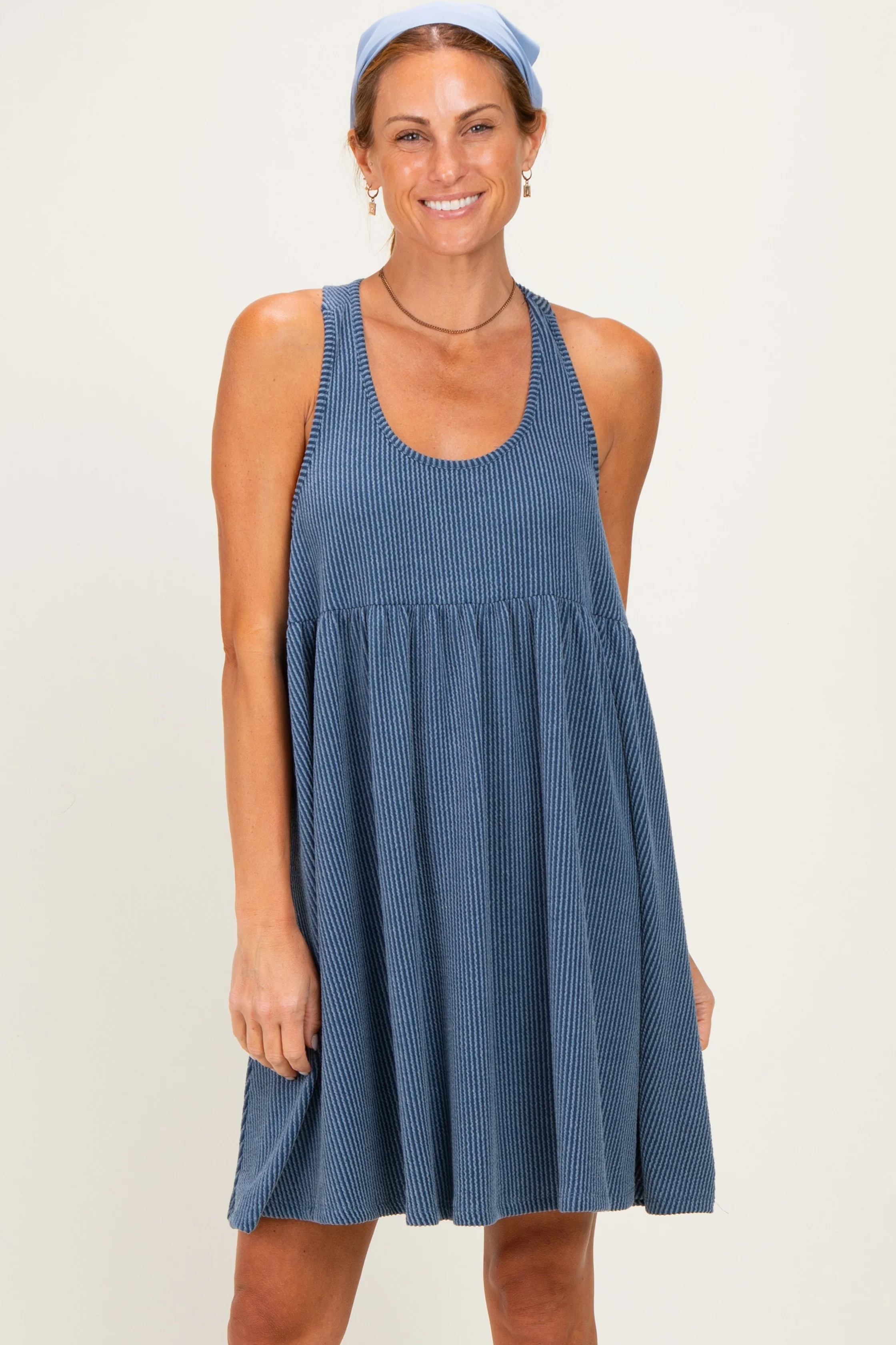 Blue Ribbed Sleeveless Open Back Midi Dress - Image 2