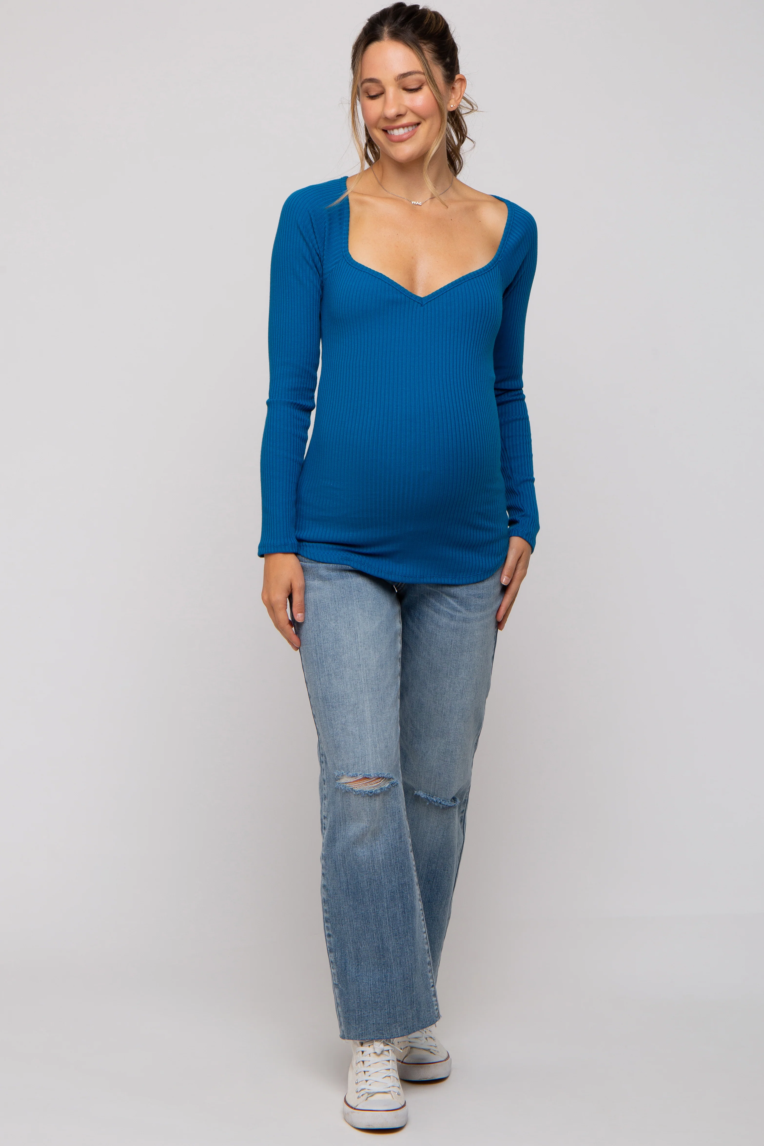 Blue Ribbed Sweetheart Neck Long Sleeve Maternity Top - Image 4