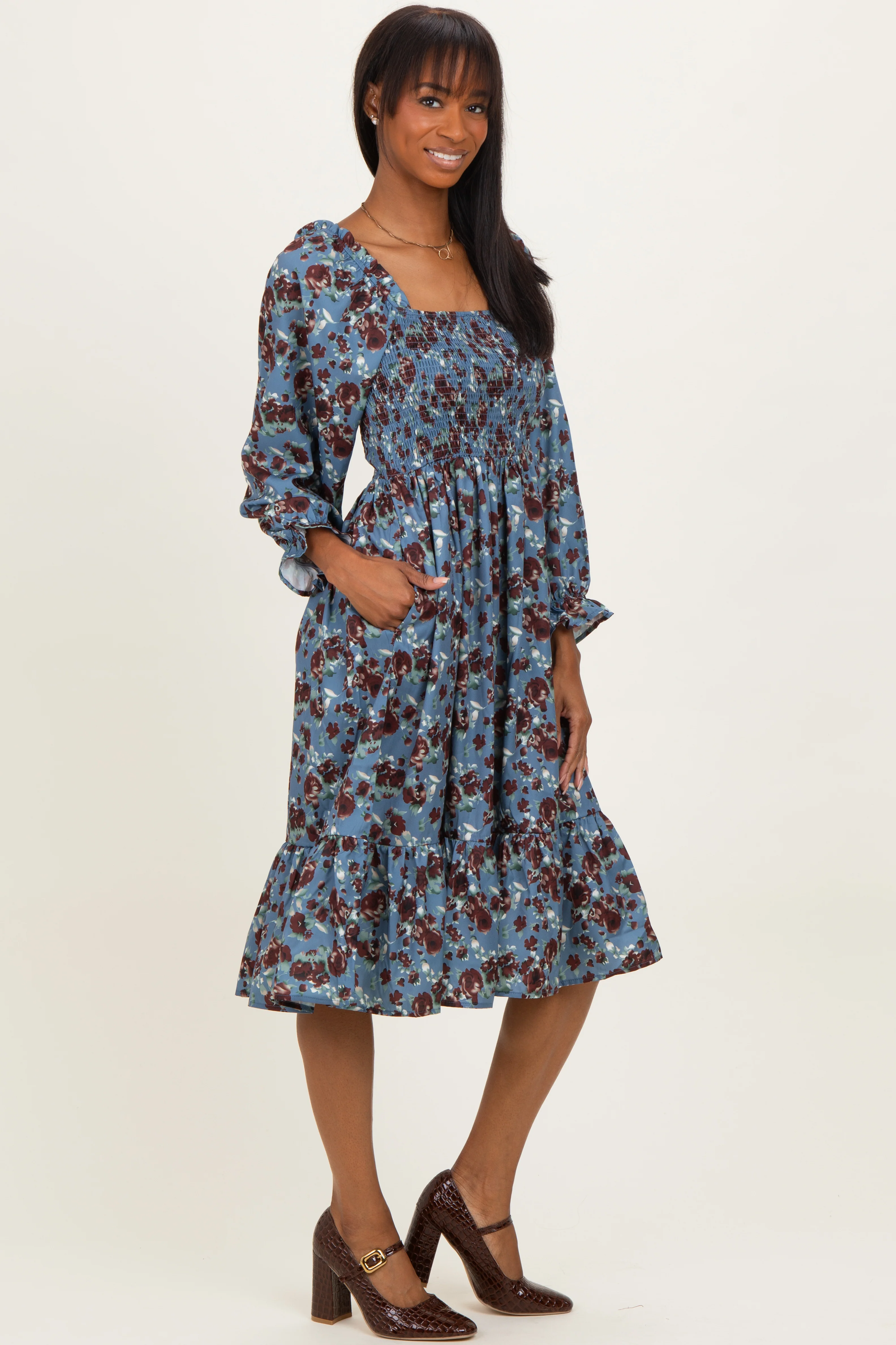 Blue Rose Smocked Velvet Bow Tie Midi Dress - Image 2