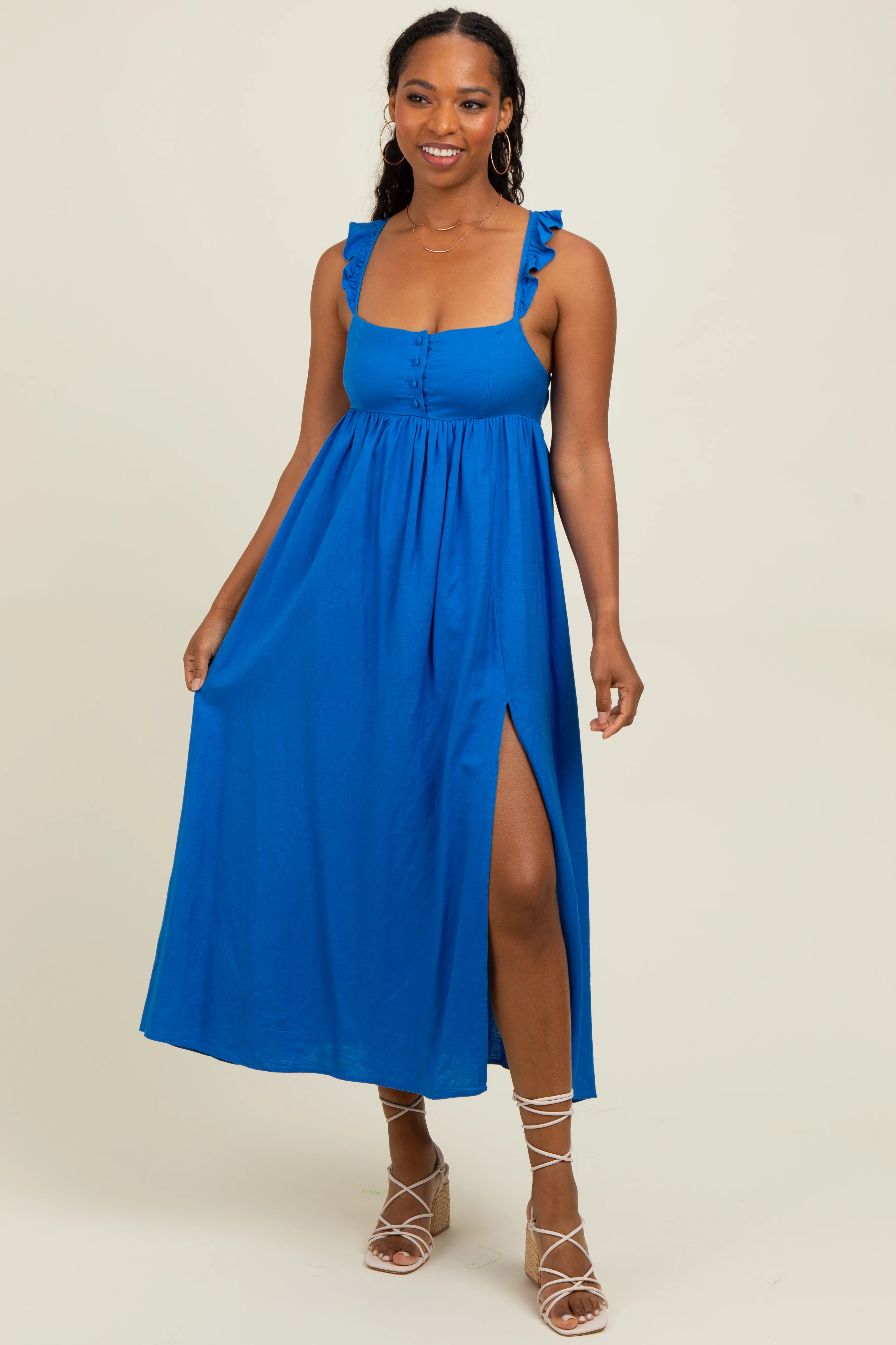 Blue Ruffle Strap Cutout Tie Back Maternity Midi Dress - Image 3