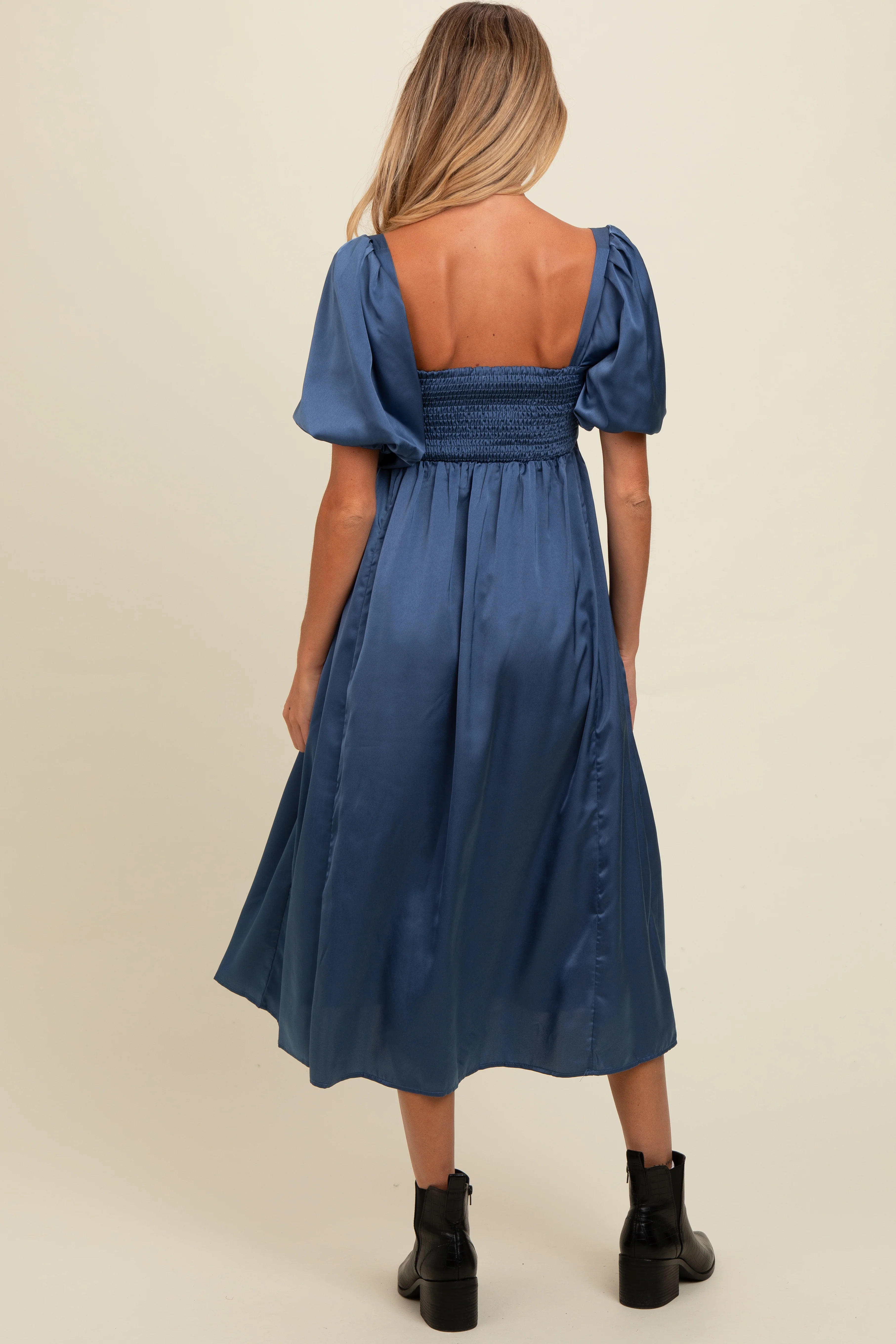 Blue Satin Pleated Bodice Puff Sleeve Maternity Midi Dress - Image 4
