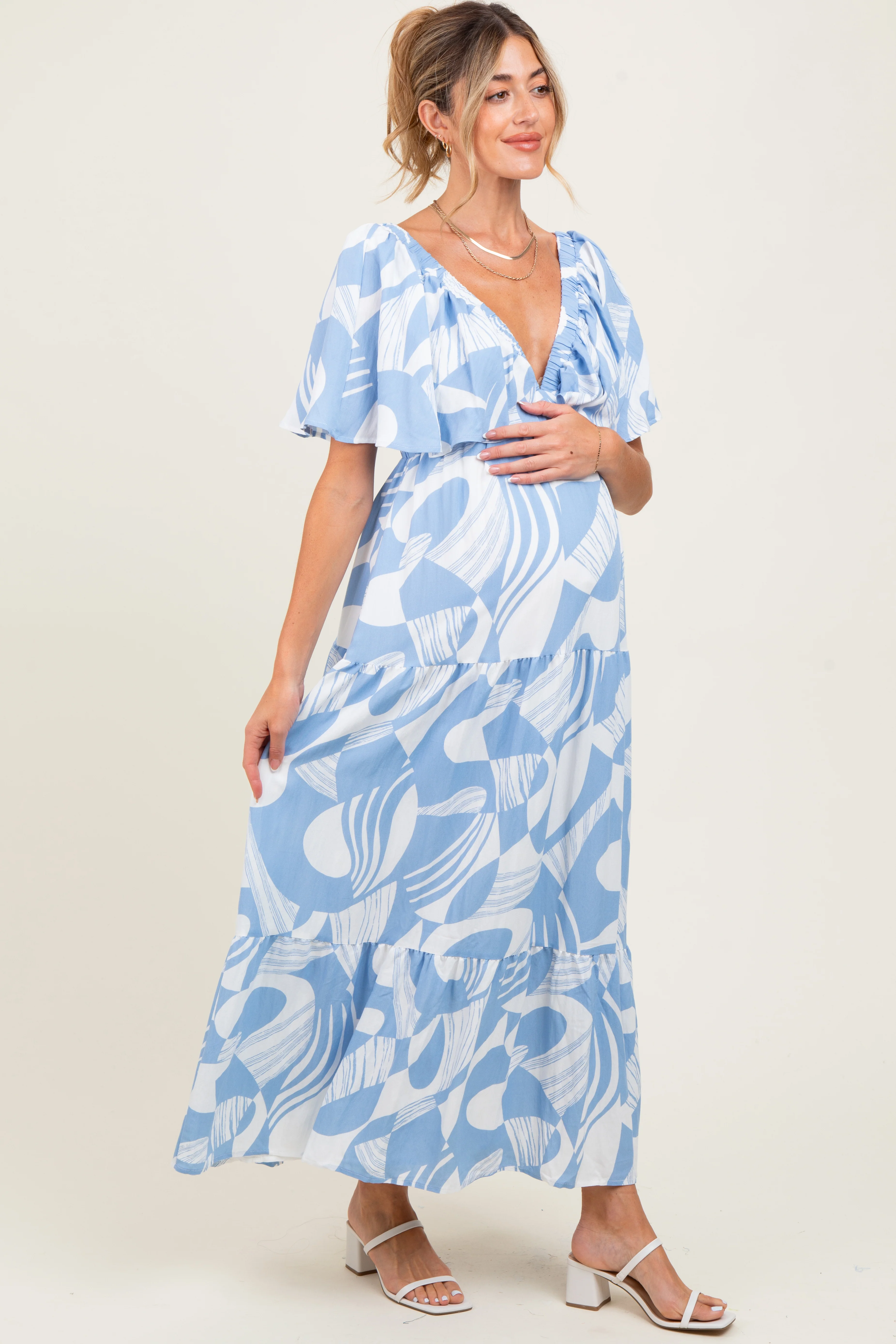 Blue Sleeveless Smocked Back Printed Maternity Maxi Dress - Image 3