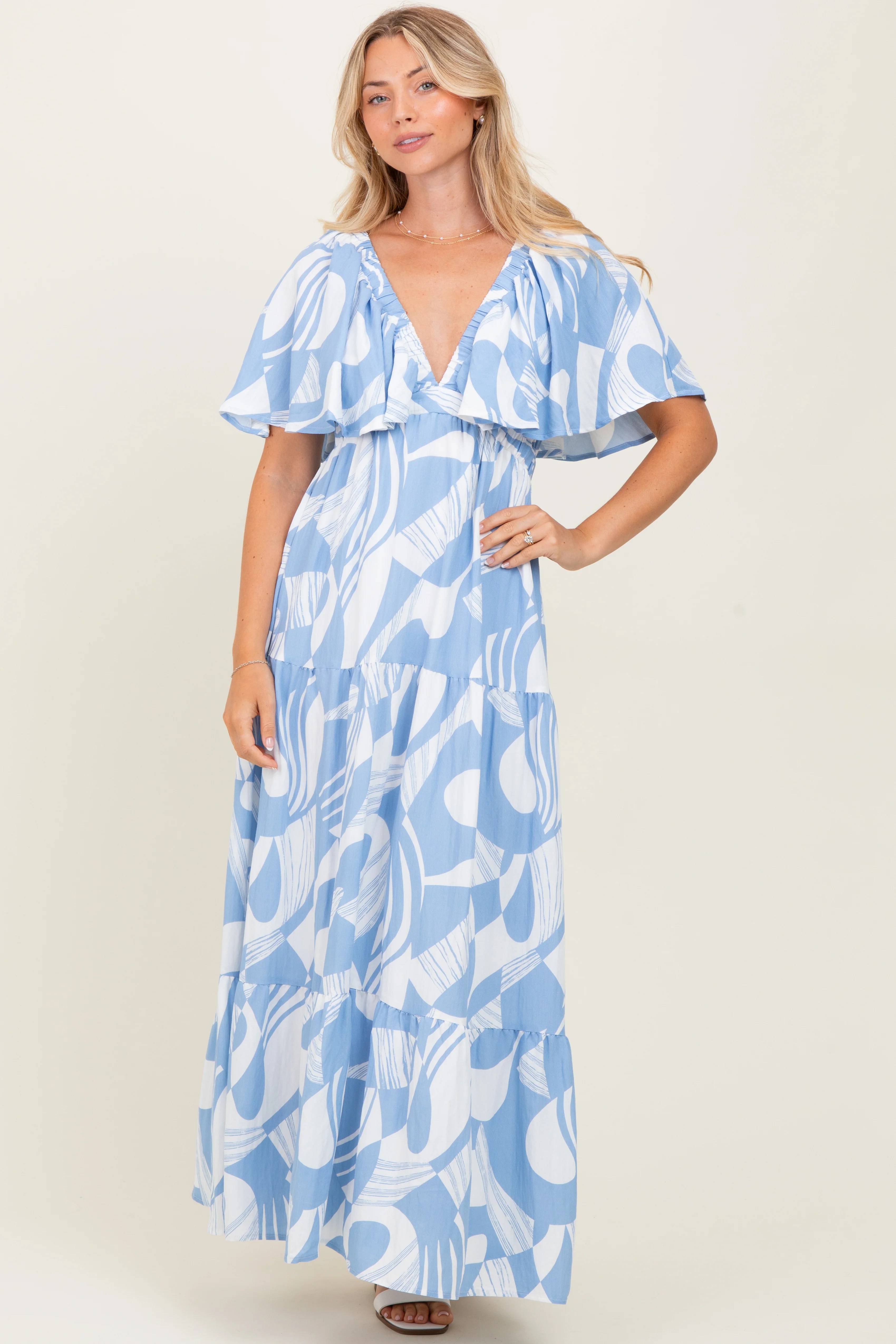 Blue Sleeveless Smocked Back Printed Maternity Maxi Dress - Image 5