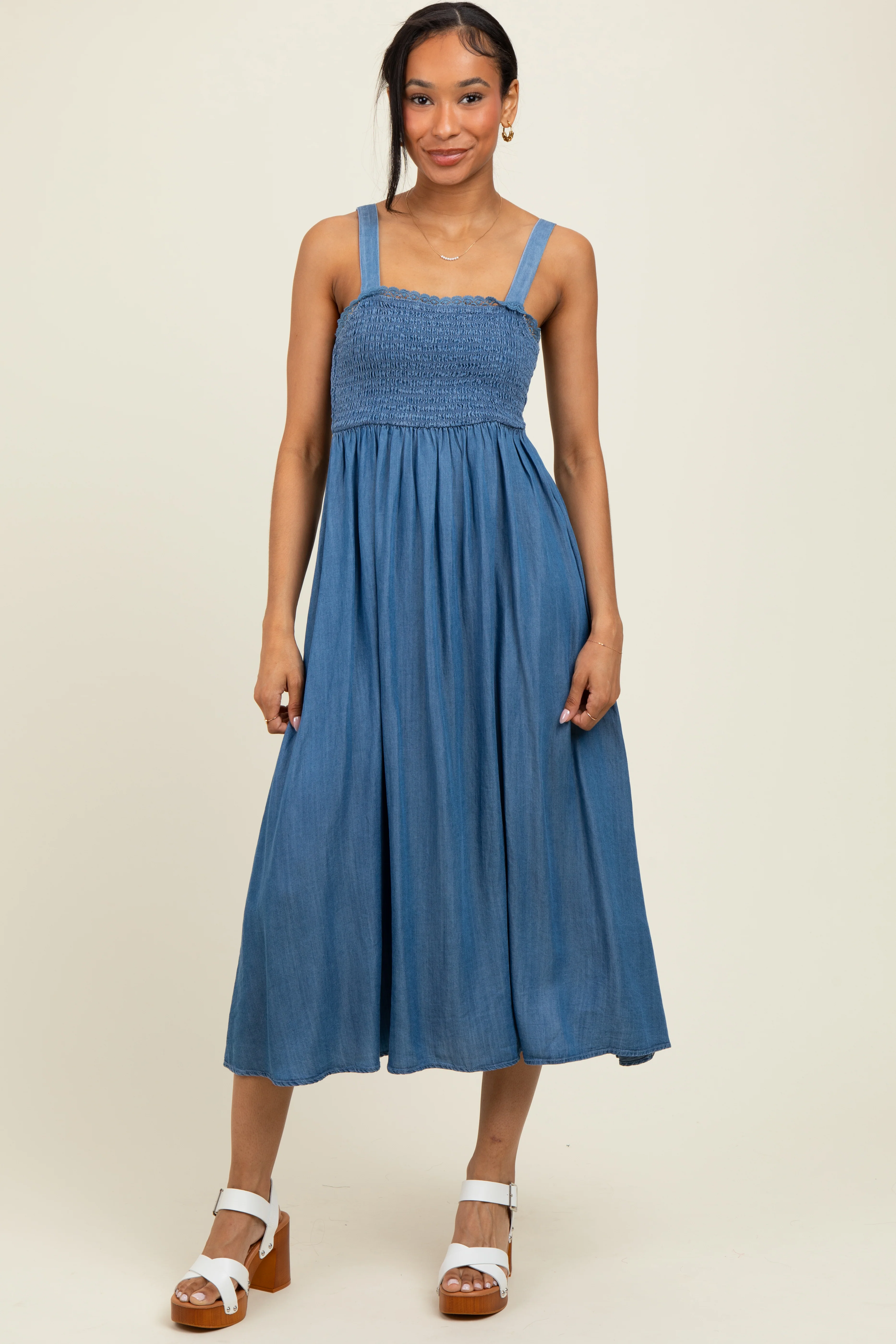 Blue Smocked Chambray Tie Back Cutout Maternity Midi Dress - Image 4