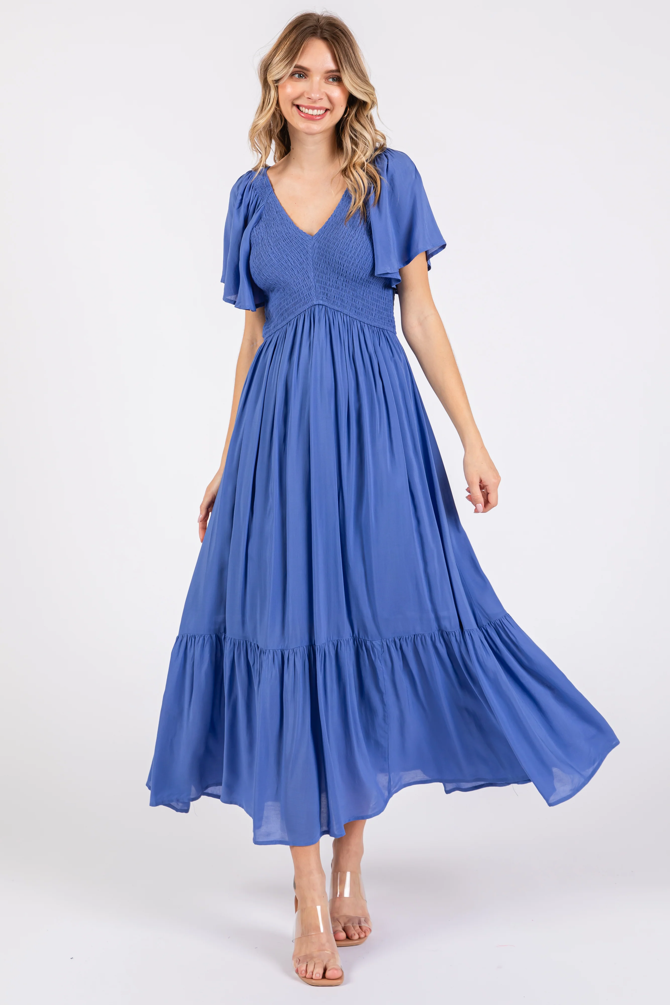 Blue Smocked Flutter Sleeve Maternity Midi Dress - Image 6