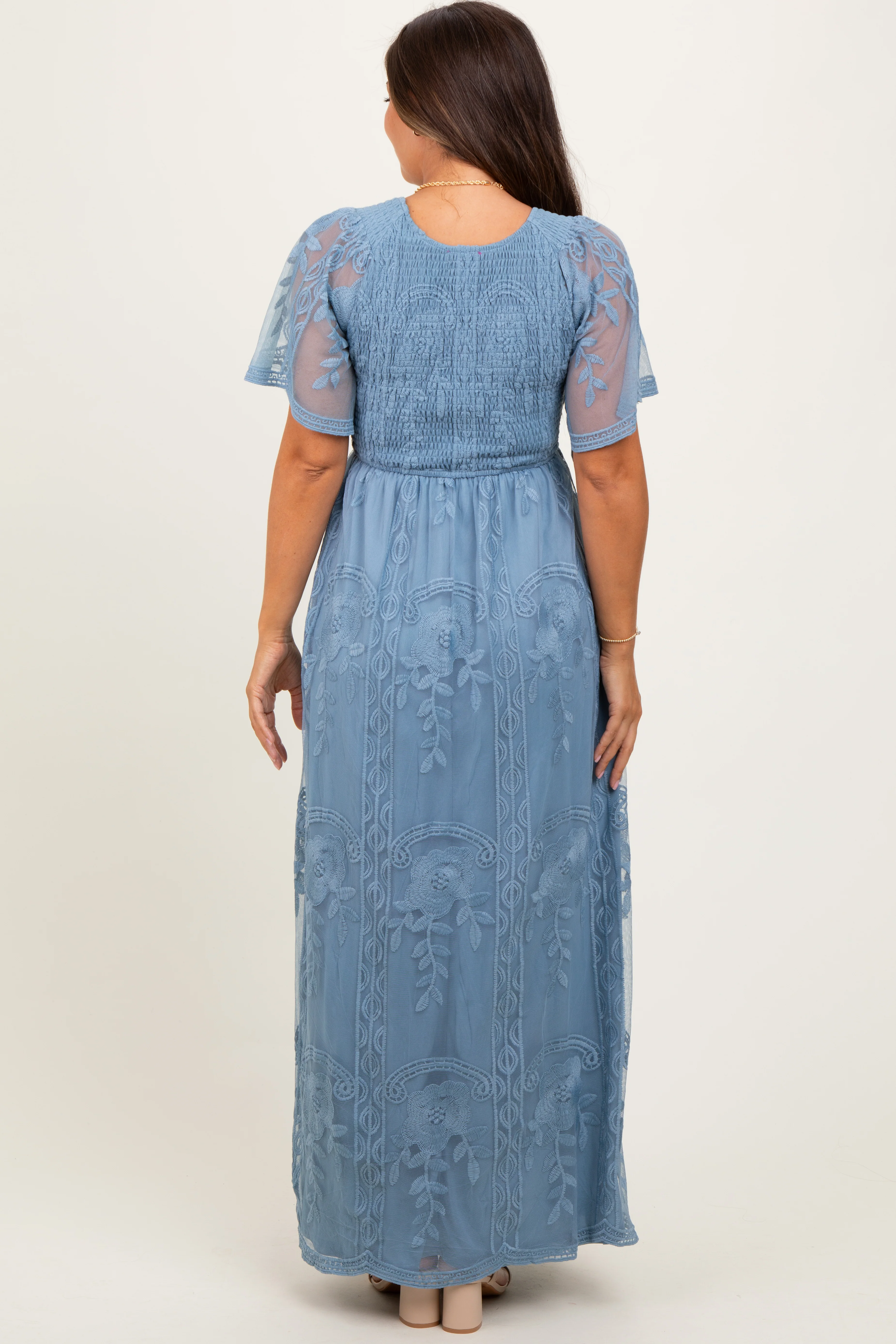 Blue Smocked Top Lace Maternity Maxi Dress - Image 4