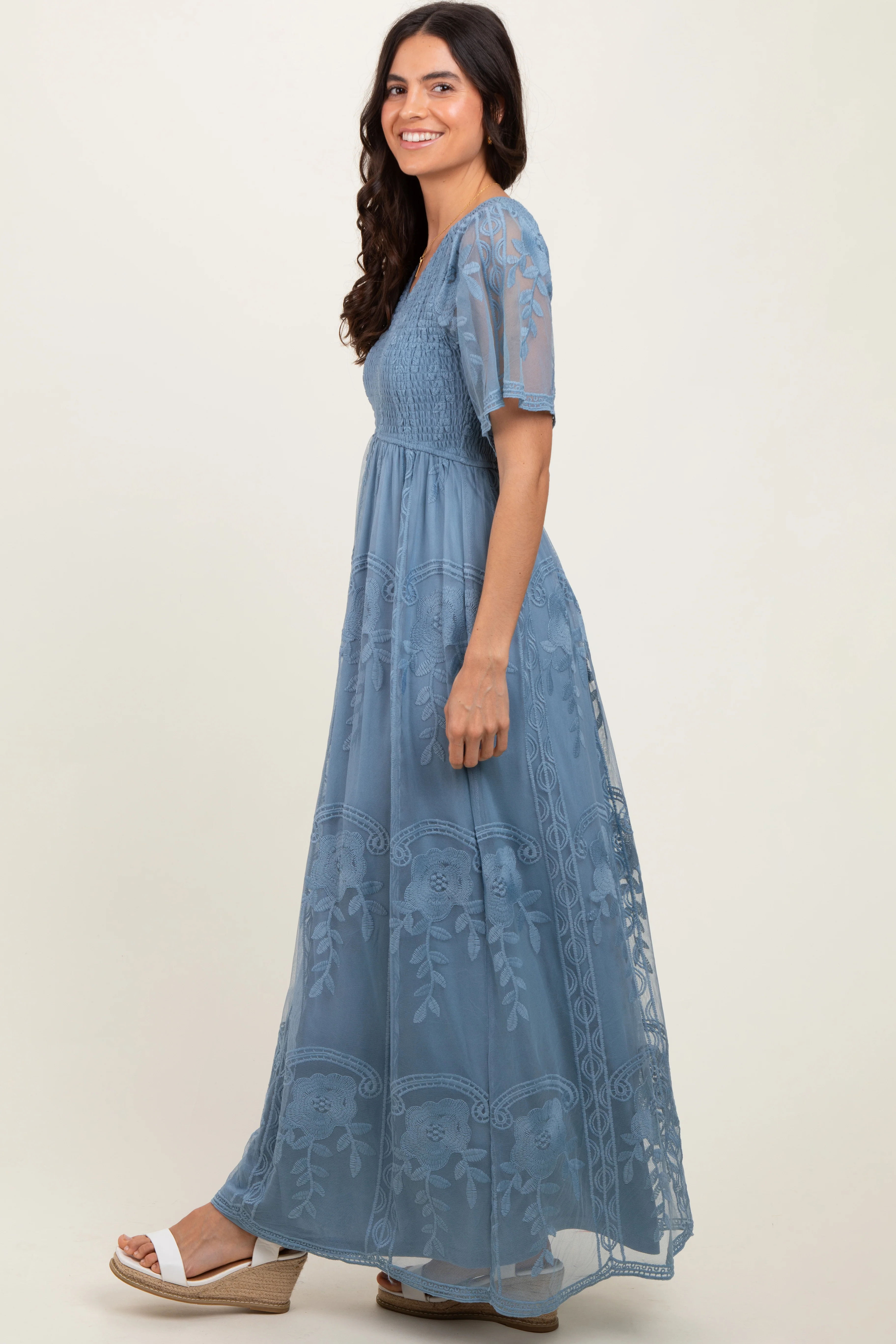 Blue Smocked Top Lace Maxi Dress - Image 3