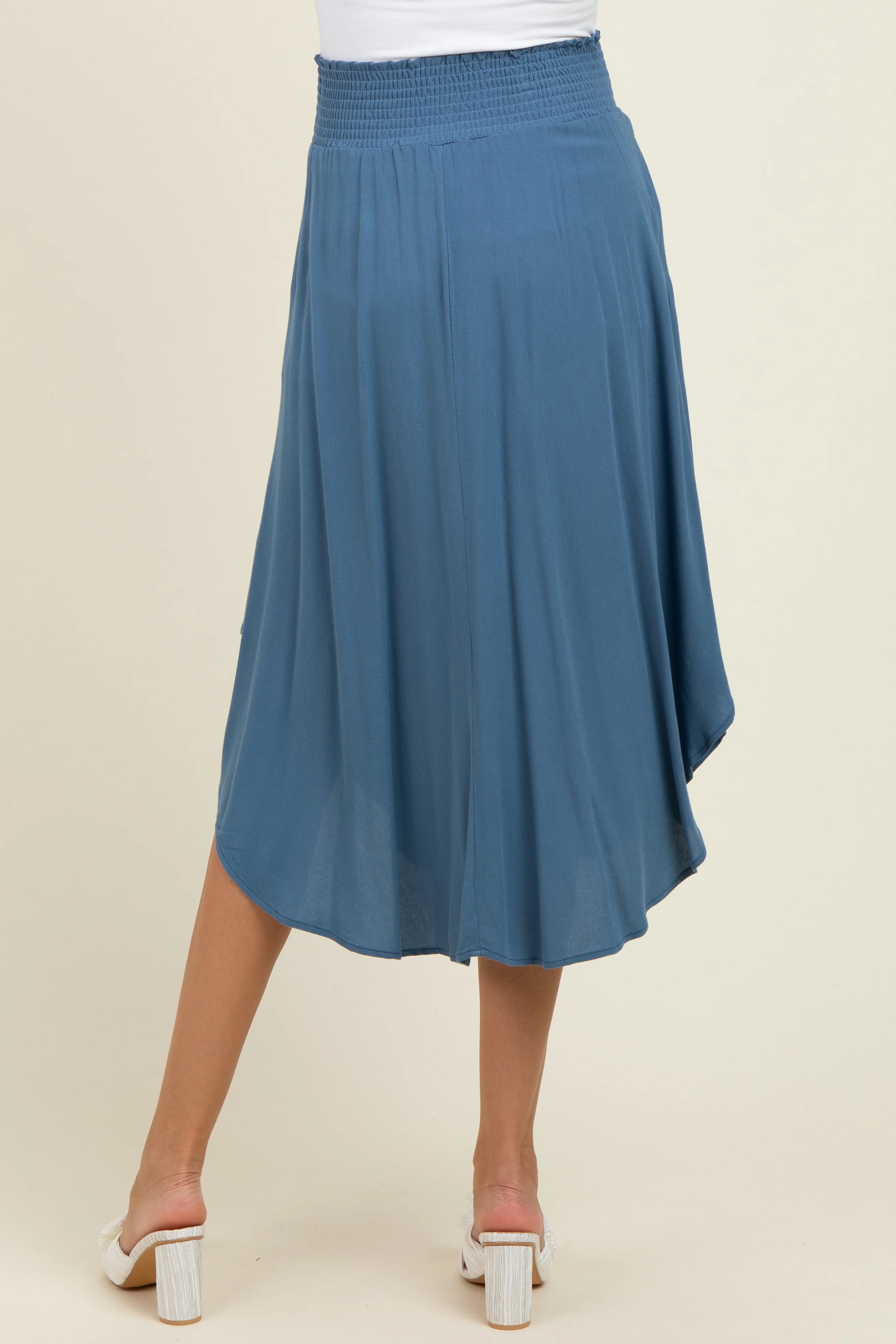 Blue Smocked Waist Rounded Hem Maternity Midi Skirt - Image 4