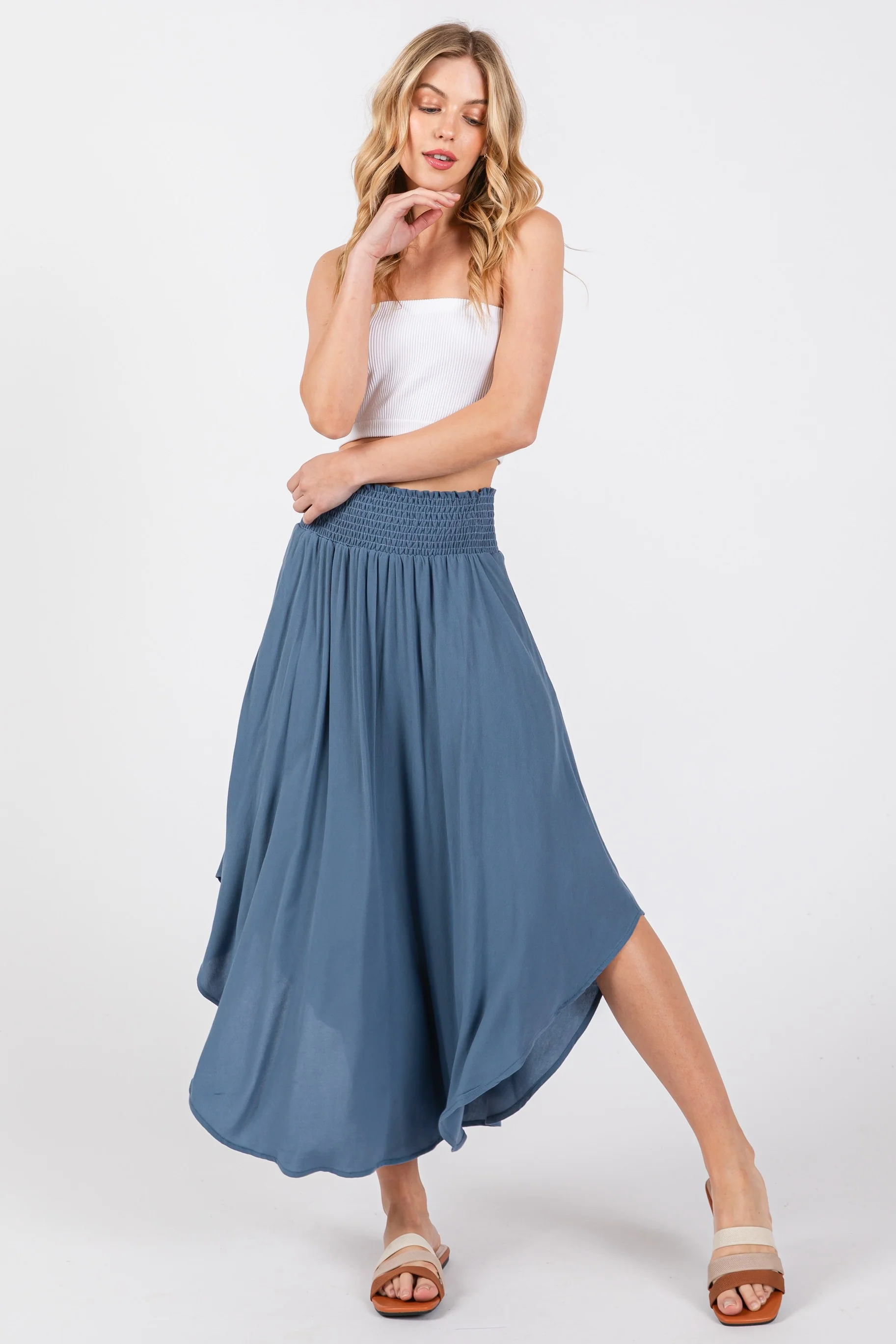 Blue Smocked Waist Rounded Hem Maternity Midi Skirt - Image 5