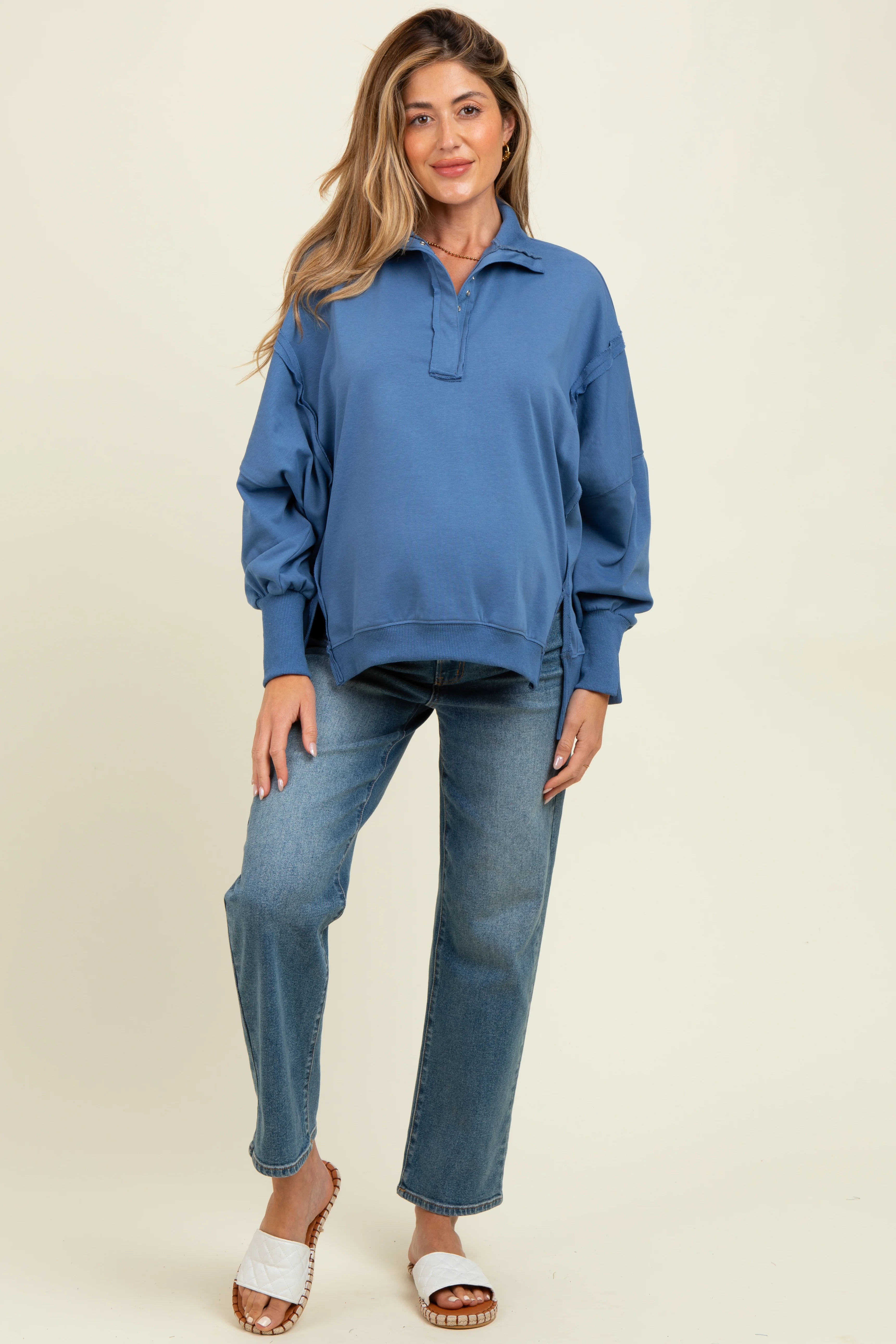 Blue Snap Button Pullover Henley Maternity Sweatshirt - Image 2