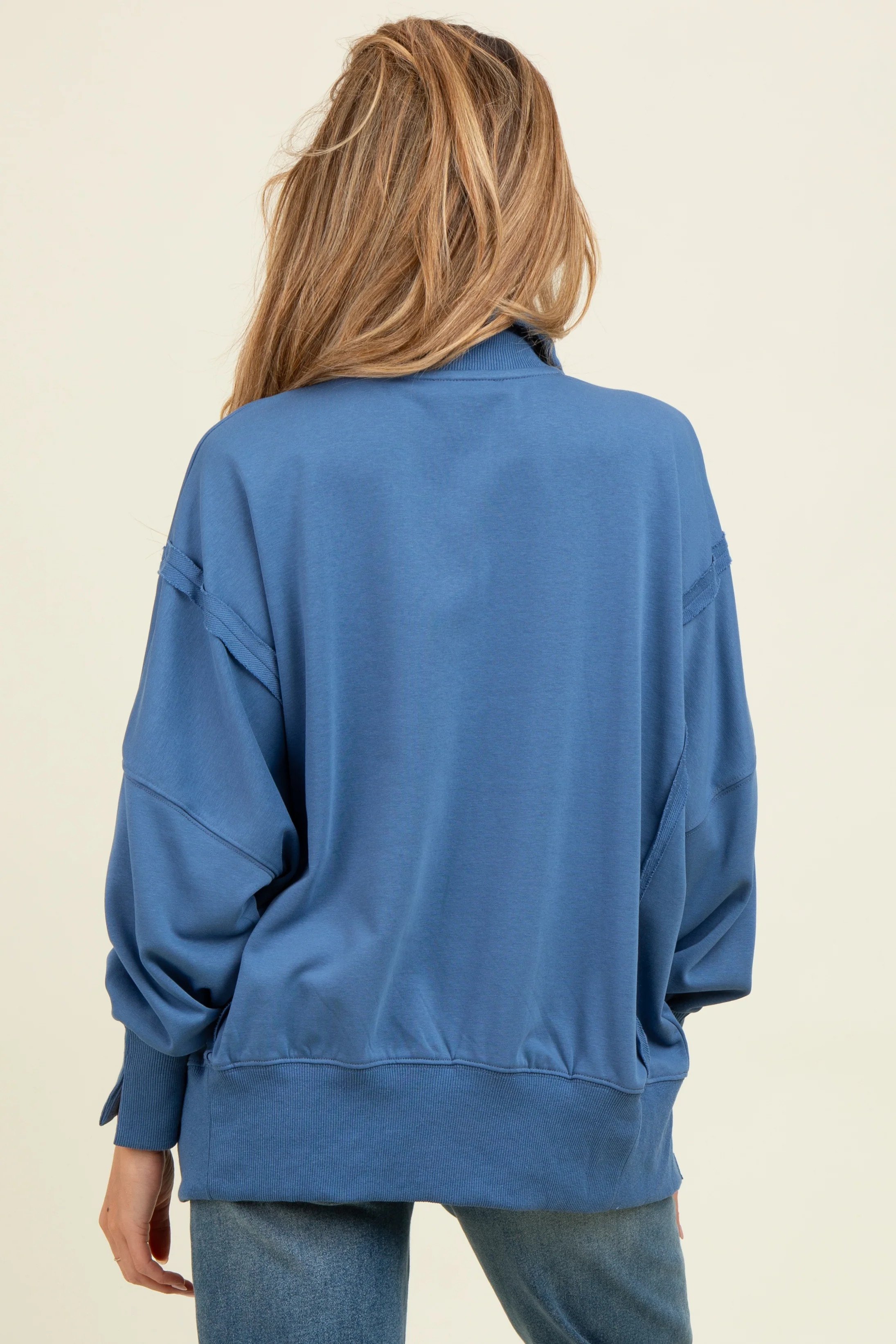Blue Snap Button Pullover Henley Maternity Sweatshirt - Image 3