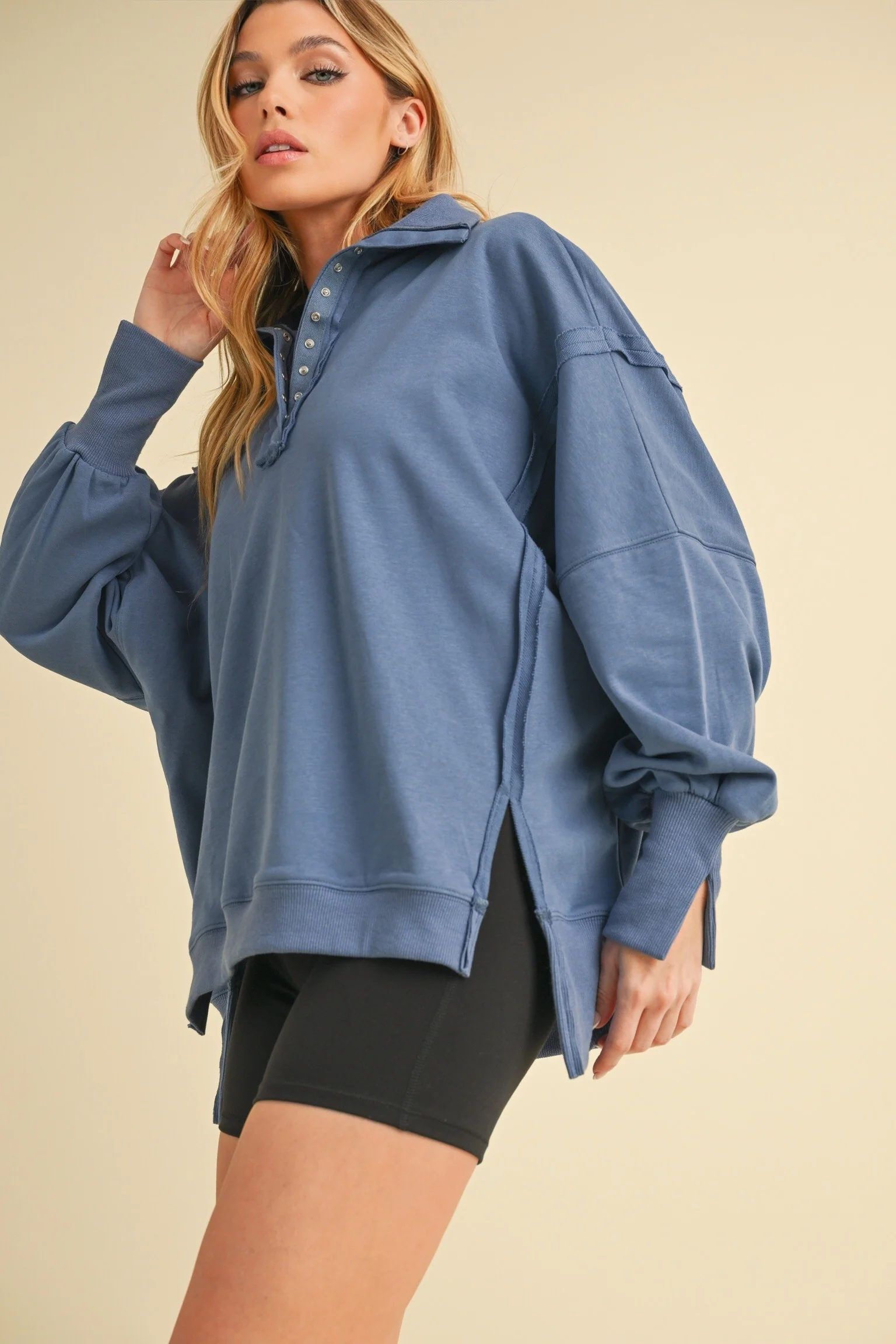 Blue Snap Button Pullover Henley Sweatshirt - Image 3