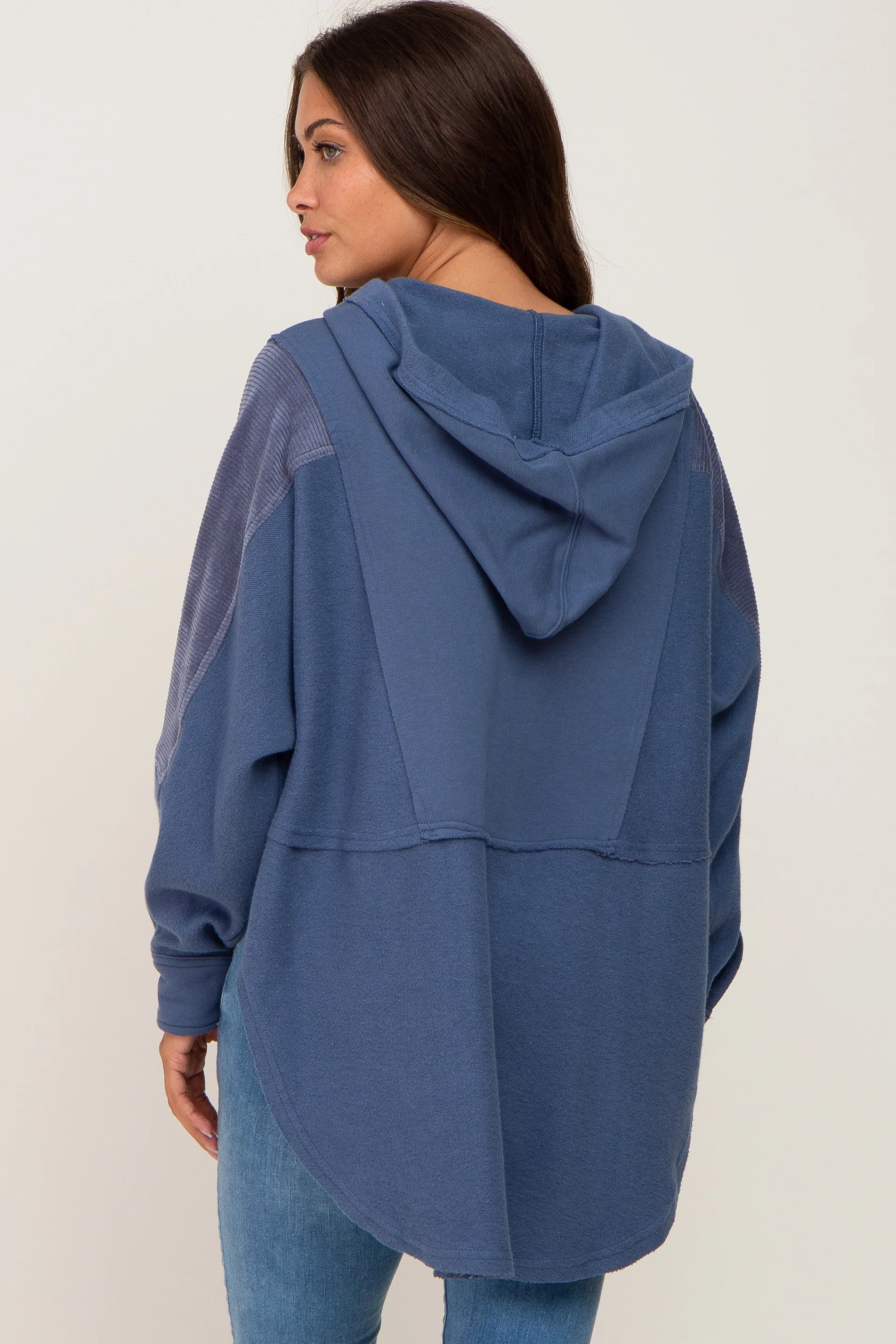 Blue Soft Mixed Knit Button Front Hooded Maternity Top - Image 3