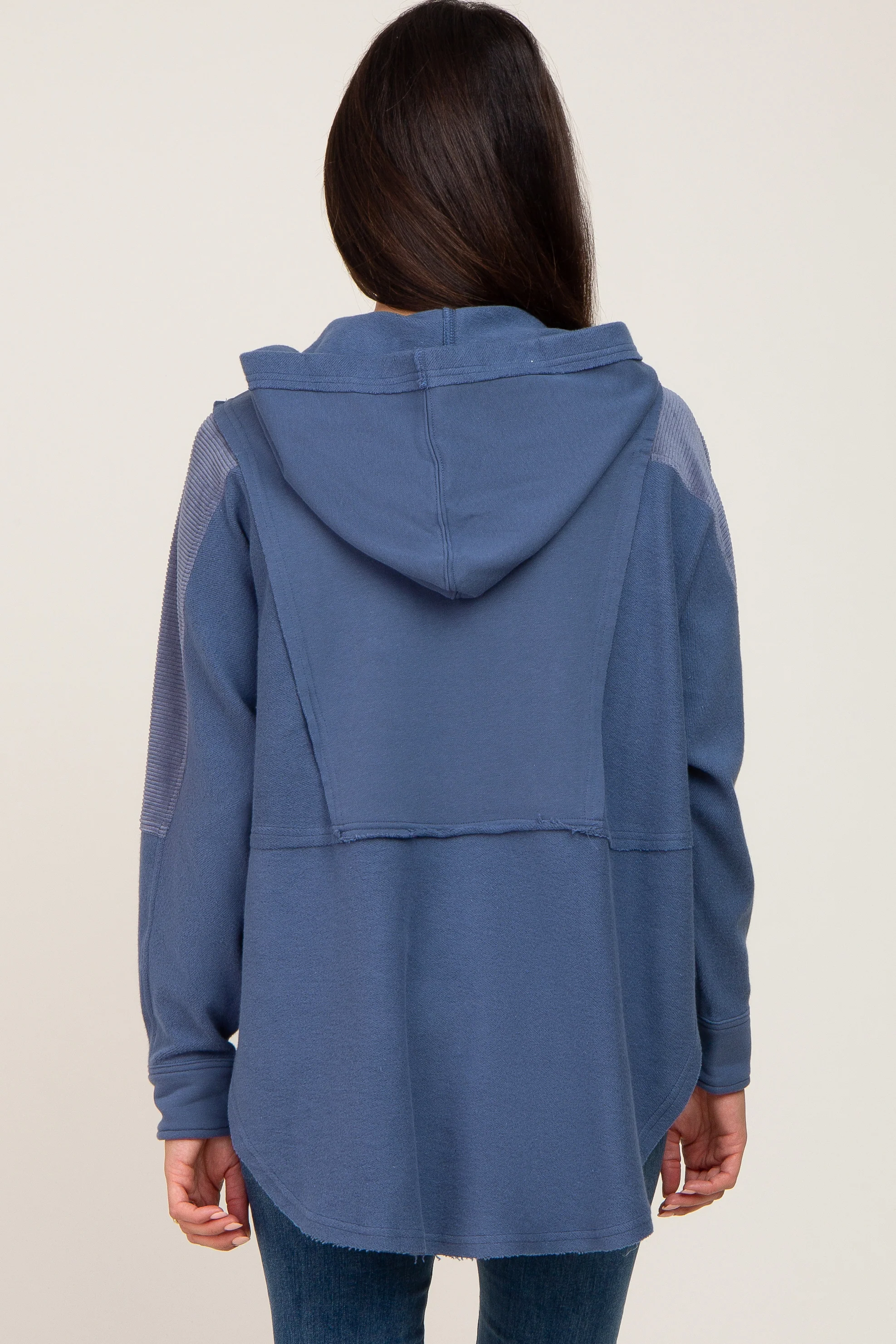 Blue Soft Mixed Knit Button Front Hooded Top - Image 3