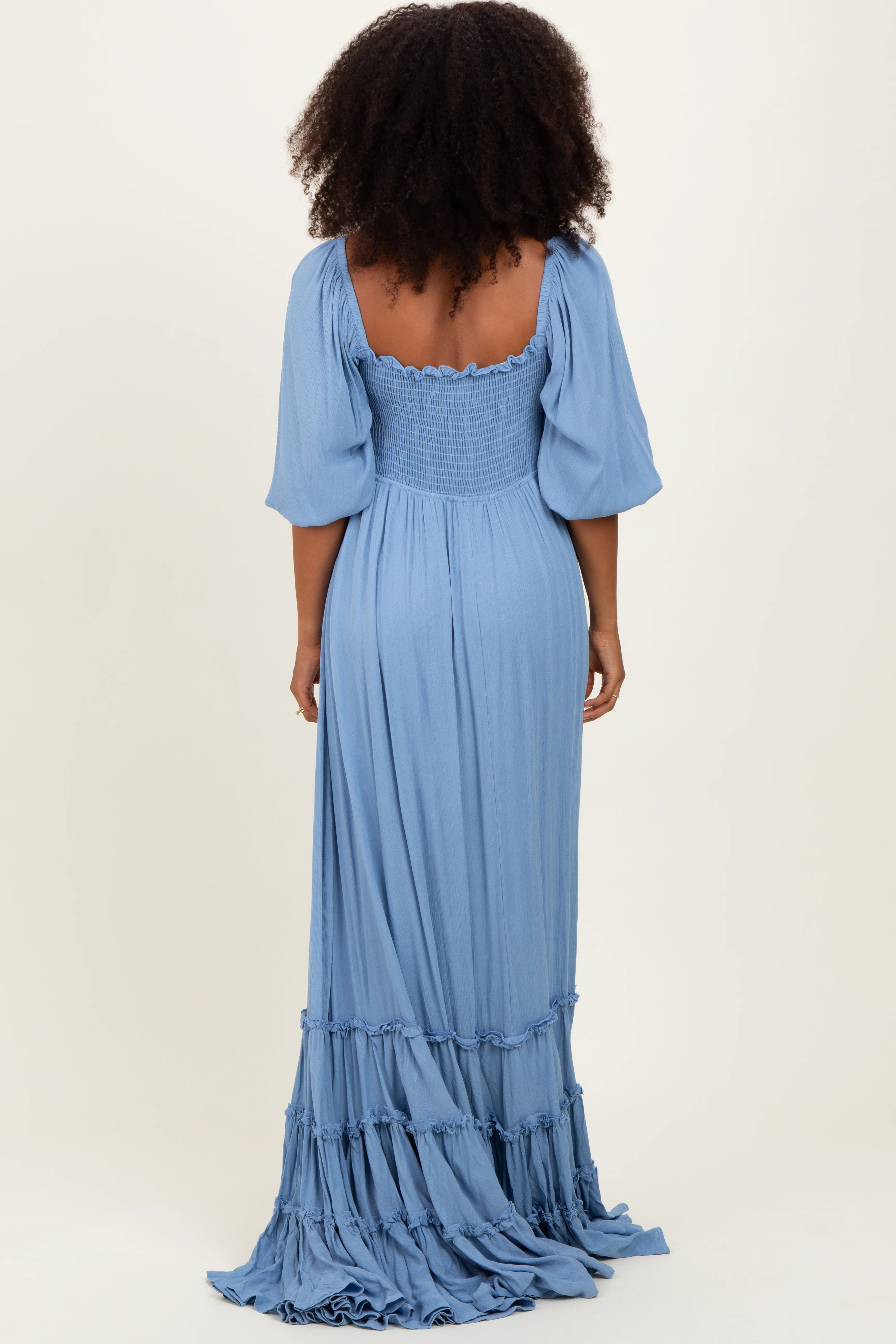 Blue Solid 3/4 Sleeve Smocked Top Tiered Maxi Dress - Image 3