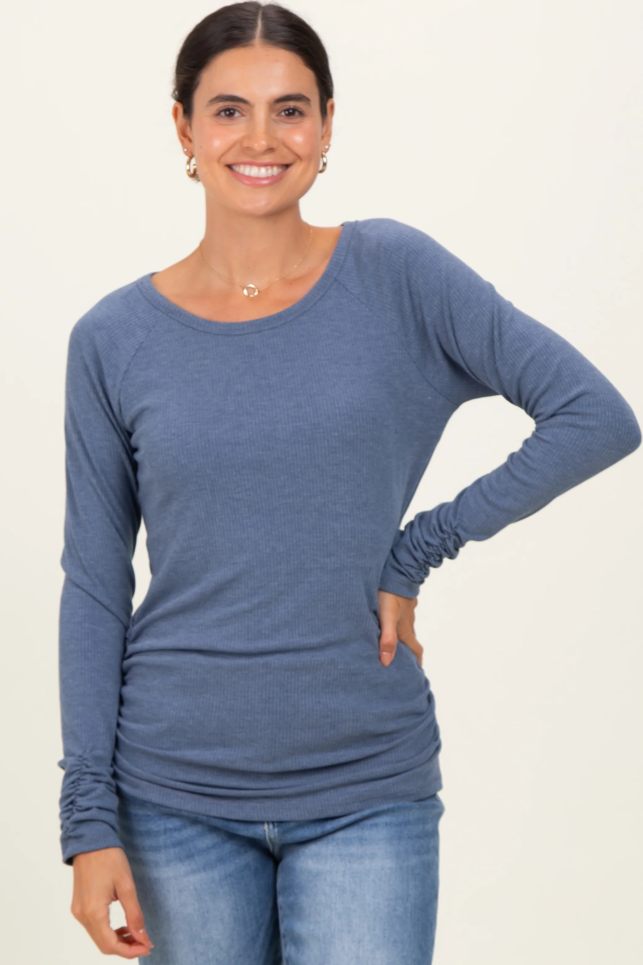 Blue Solid Ribbed Ruched Long Sleeve Maternity Top - Image 4