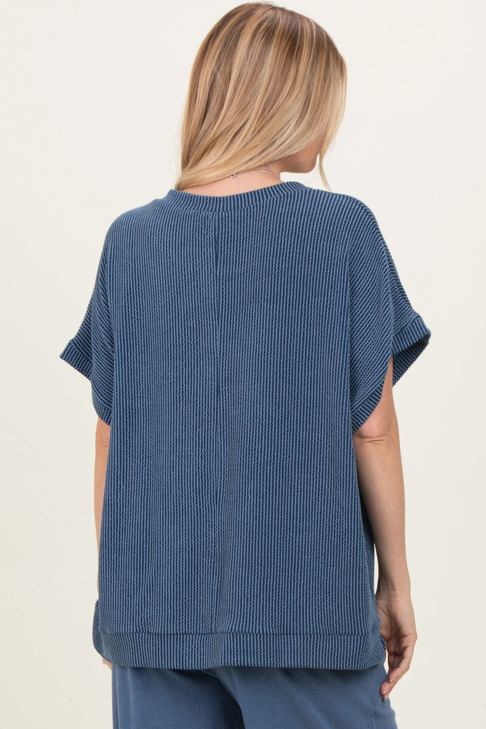 Blue Solid Ribbed Short Sleeve Oversized Tunic Top - Image 3