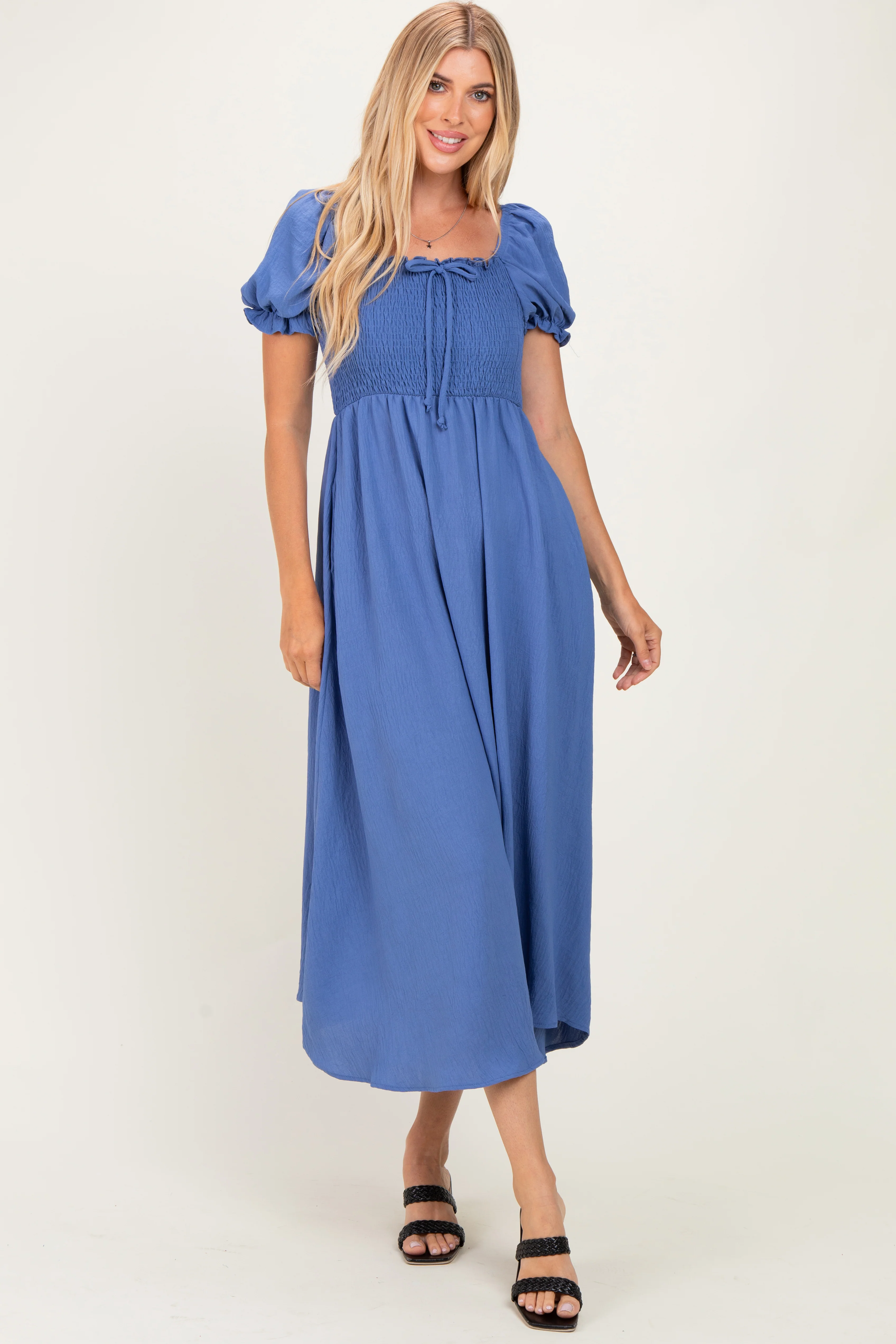 Blue Square Neck Puff Sleeve Maternity Midi Dress - Image 4