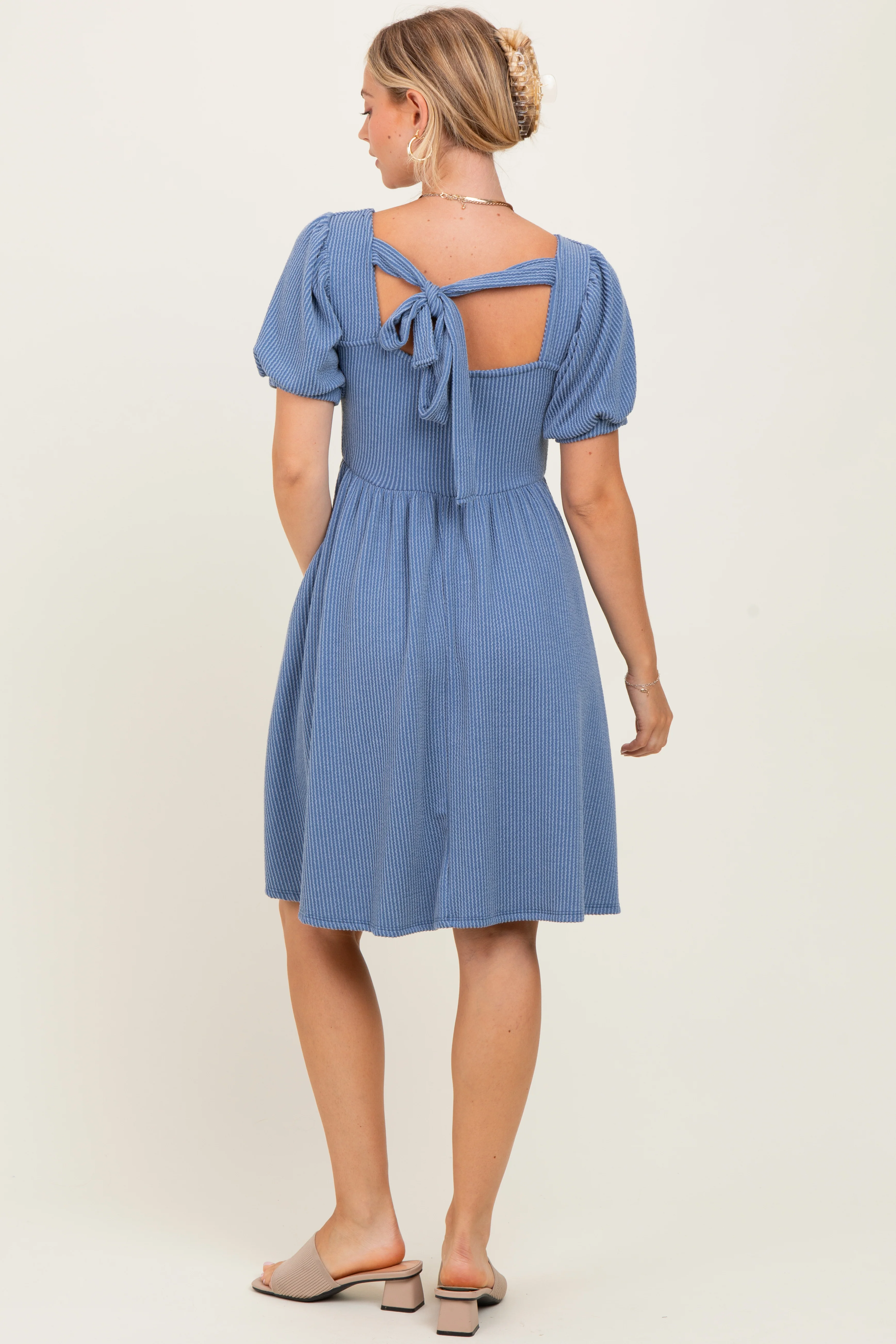 Blue Square Neck Puff Sleeve Rib Babydoll Dress - Image 4