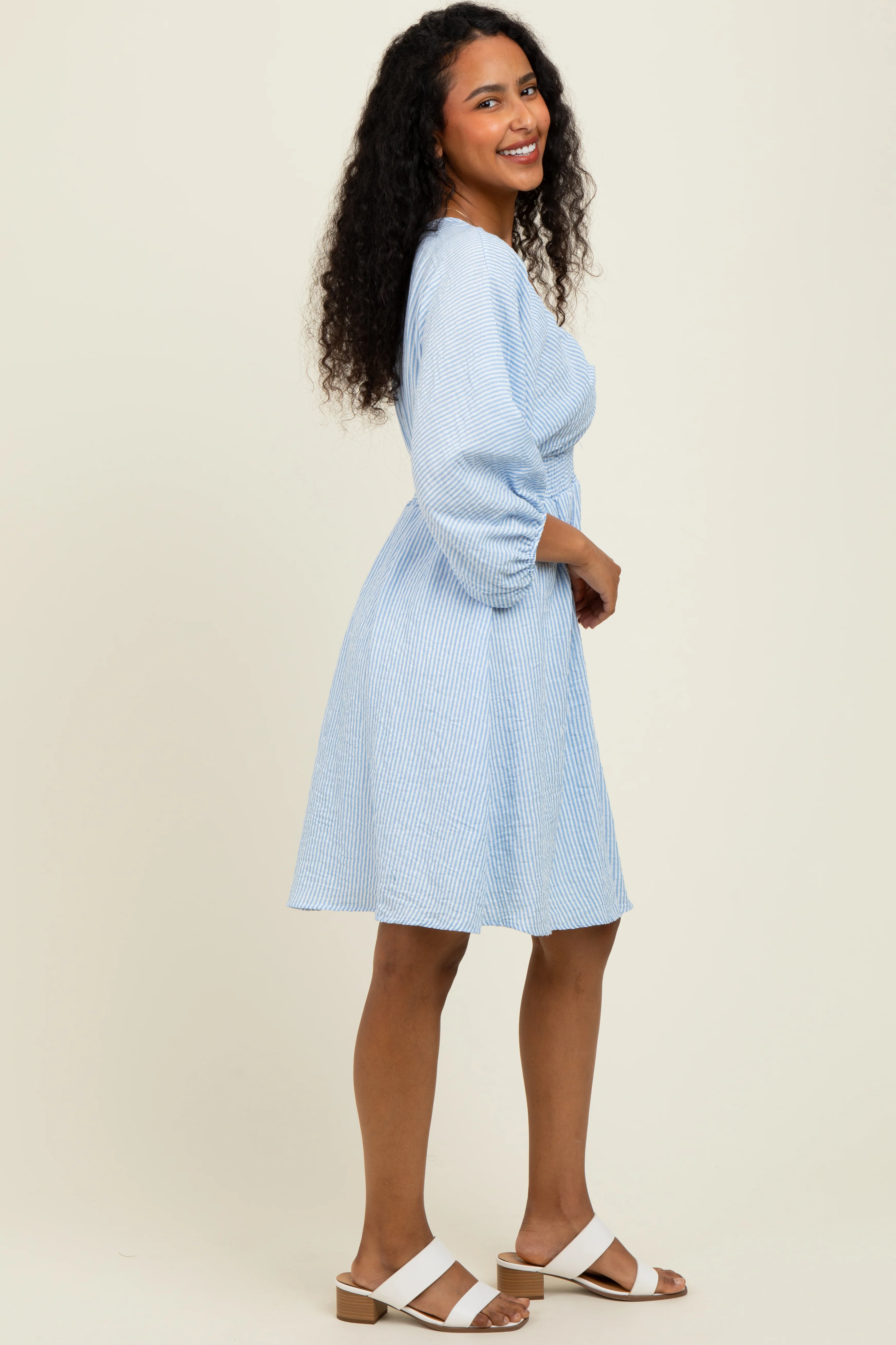 Blue Striped Balloon Sleeve V-Neck Dress - Image 3