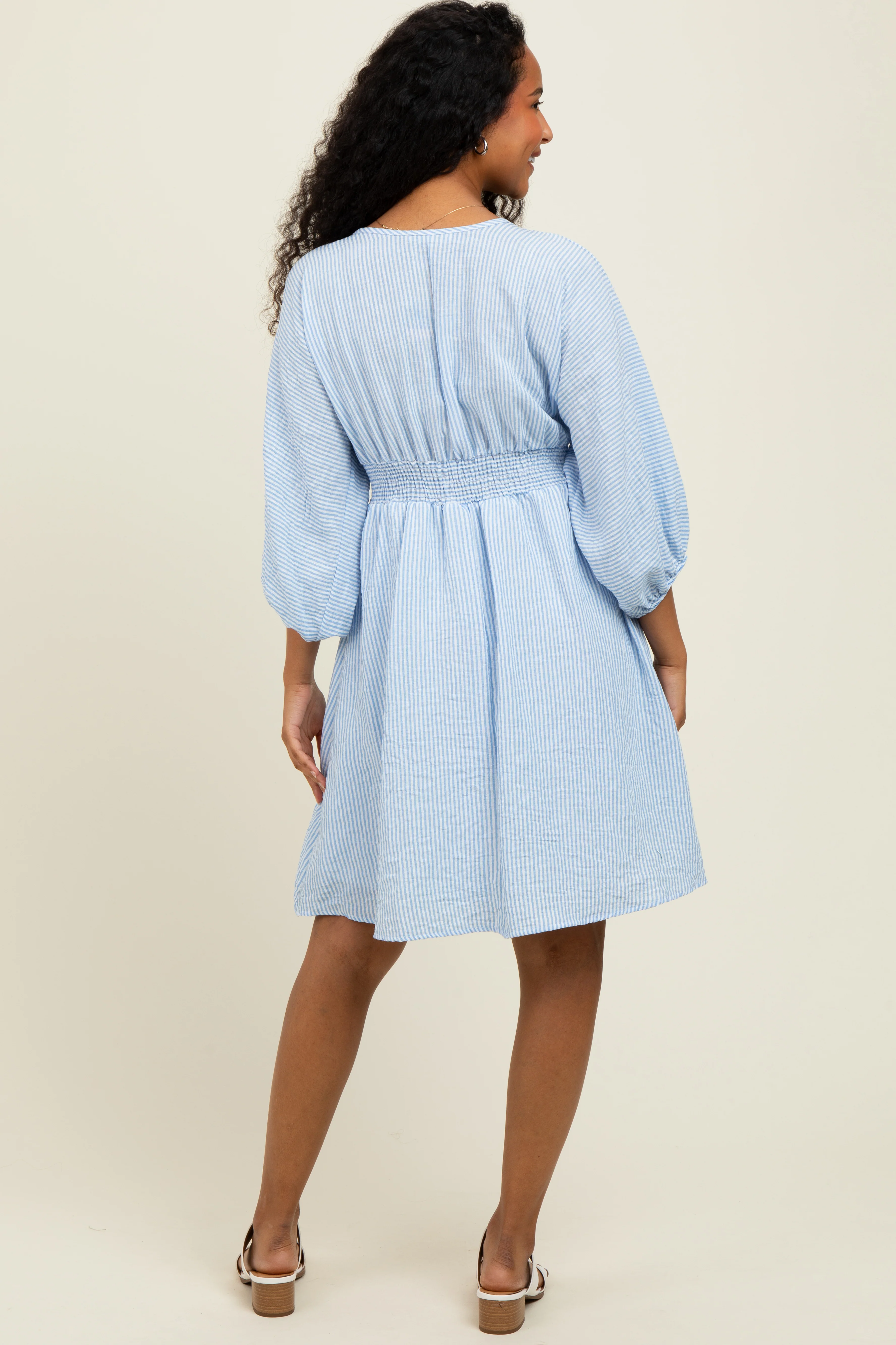 Blue Striped Balloon Sleeve V-Neck Dress - Image 4