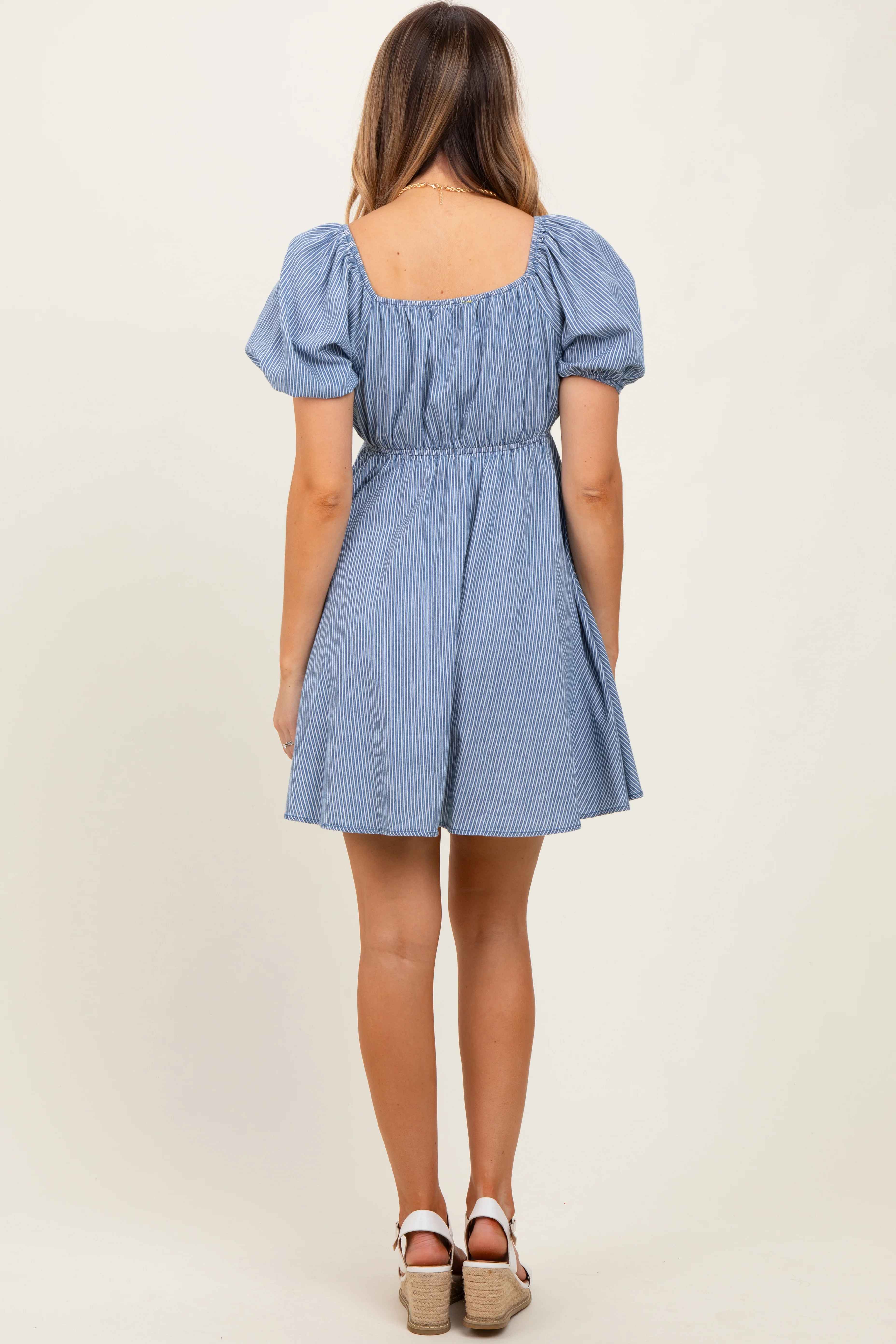 Blue Striped Chambray Front Tie Mini Dress - Image 3