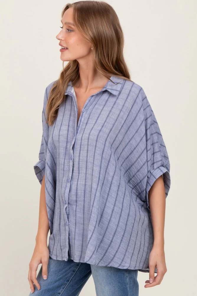 Blue Striped Collared Oversized Top - Image 3