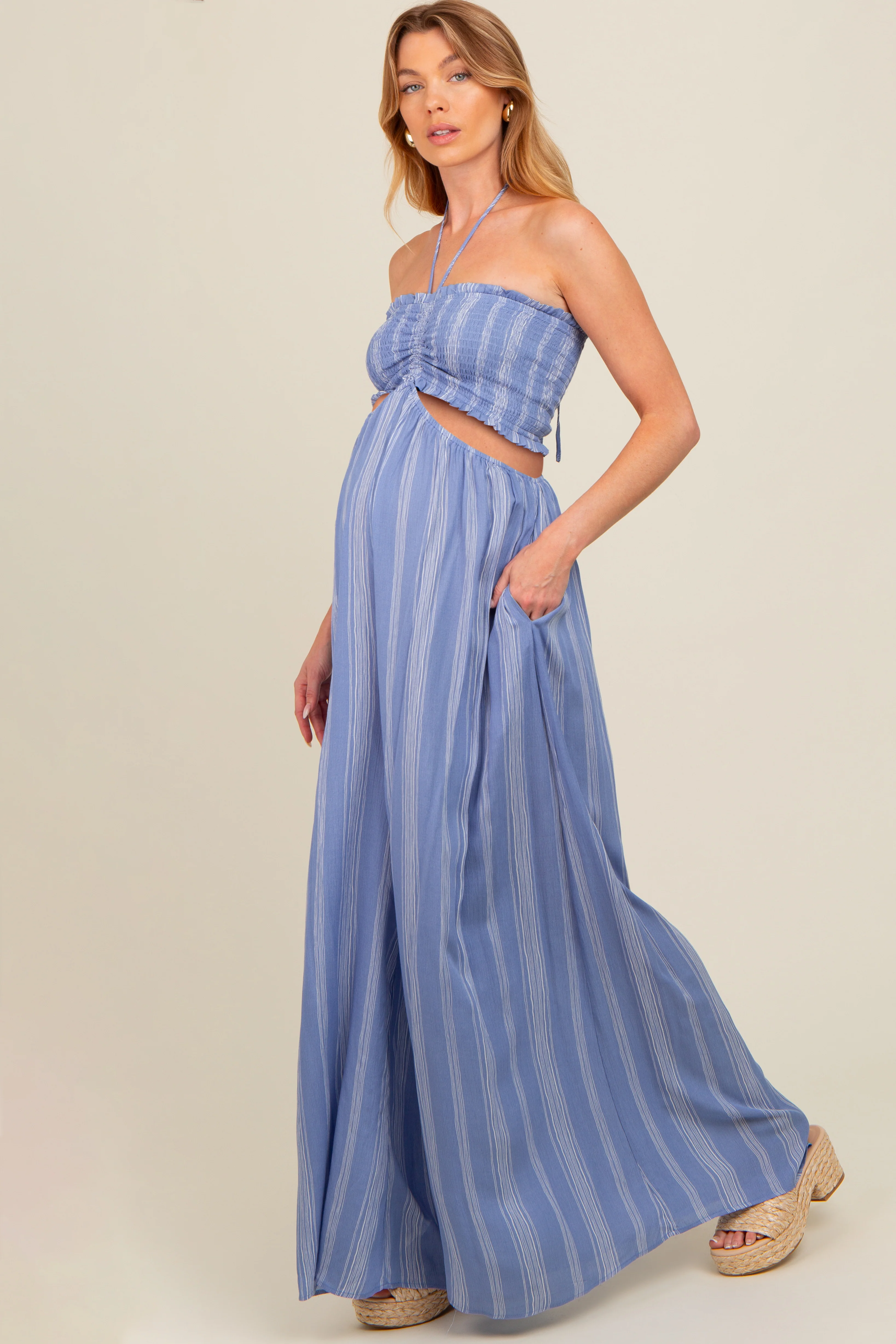Blue Striped Cutout Halter Wide Leg Maternity Jumpsuit - Image 3