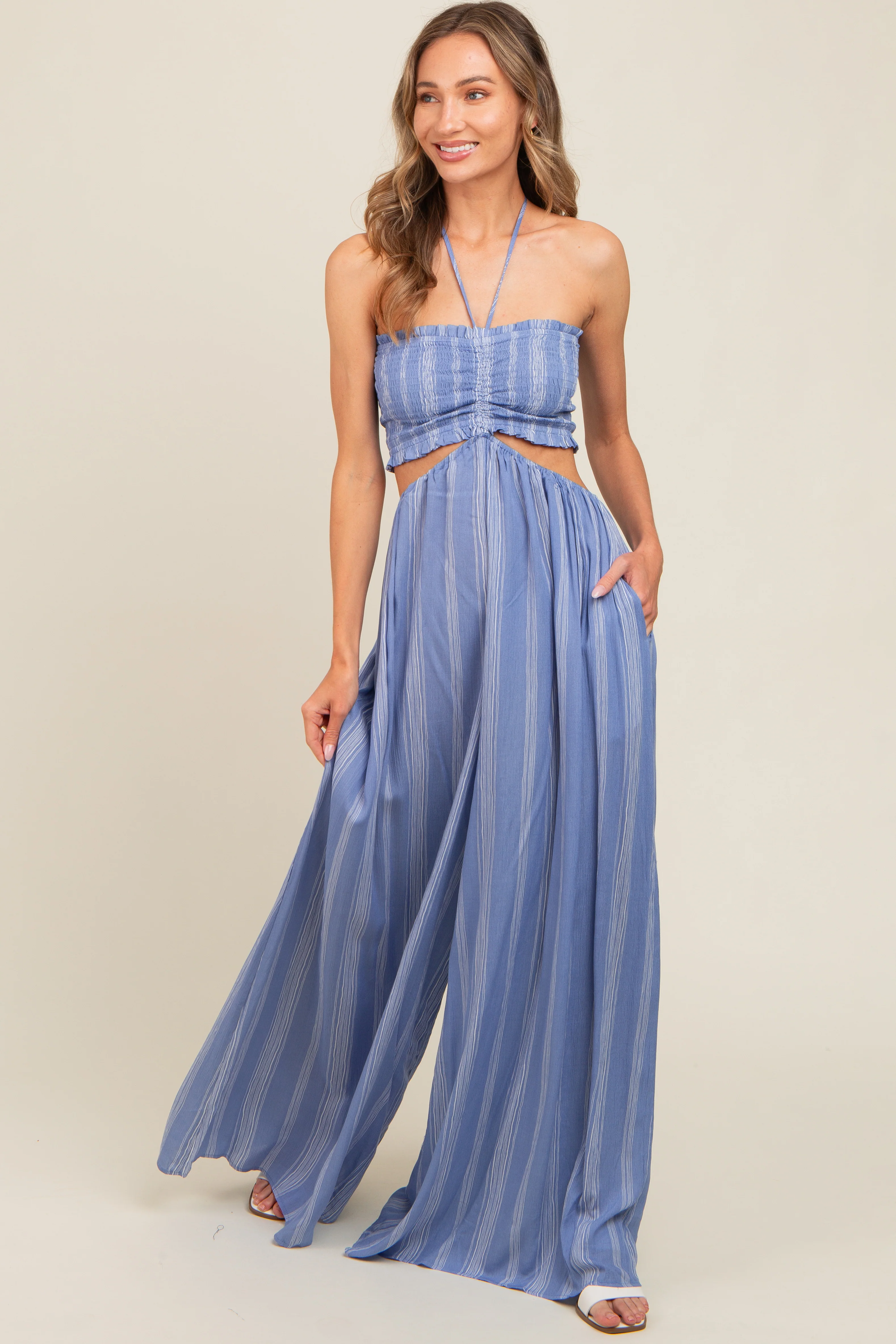 Blue Striped Cutout Halter Wide Leg Maternity Jumpsuit - Image 5