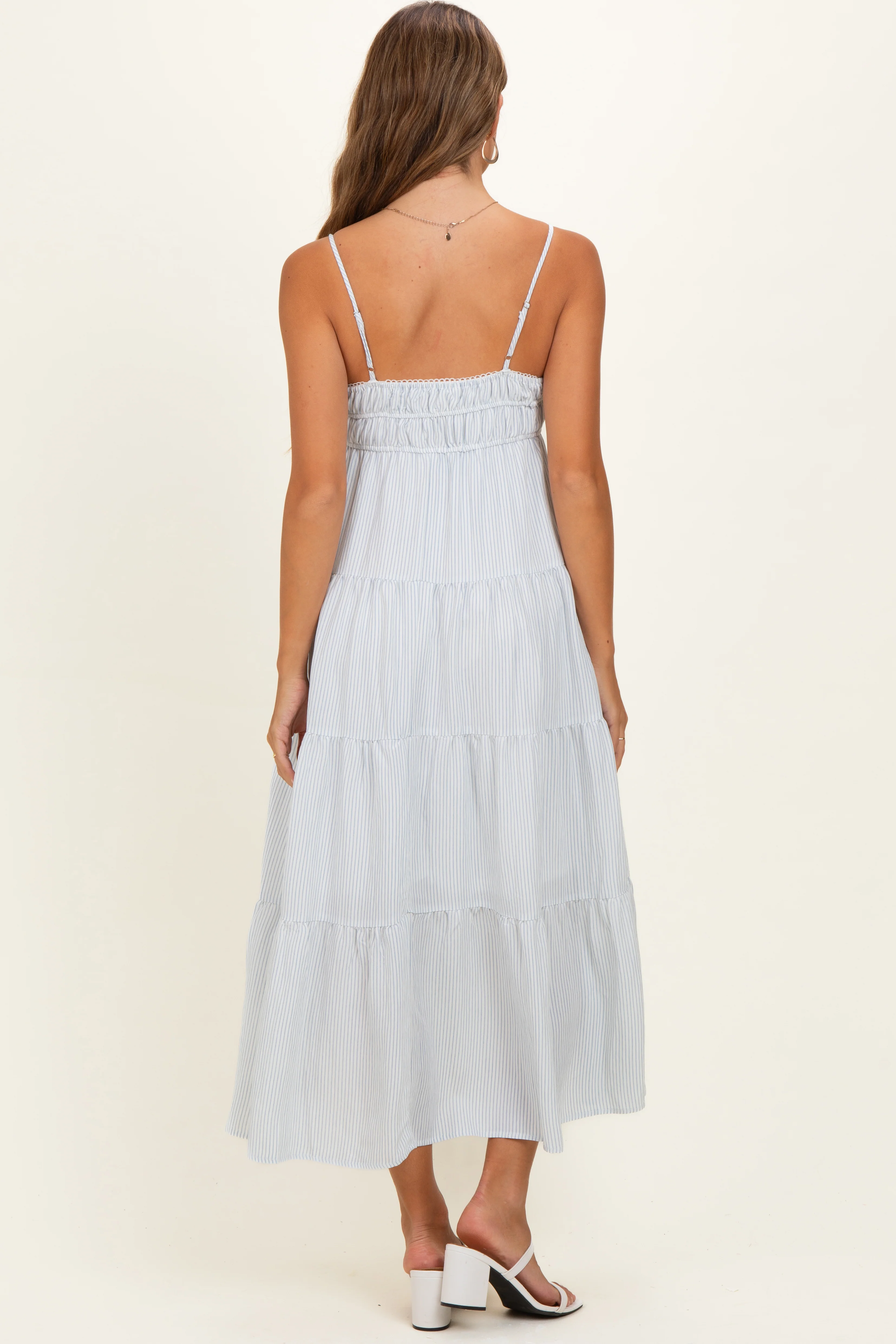Blue Striped Empire Waist Tiered Maternity Midi Dress - Image 4