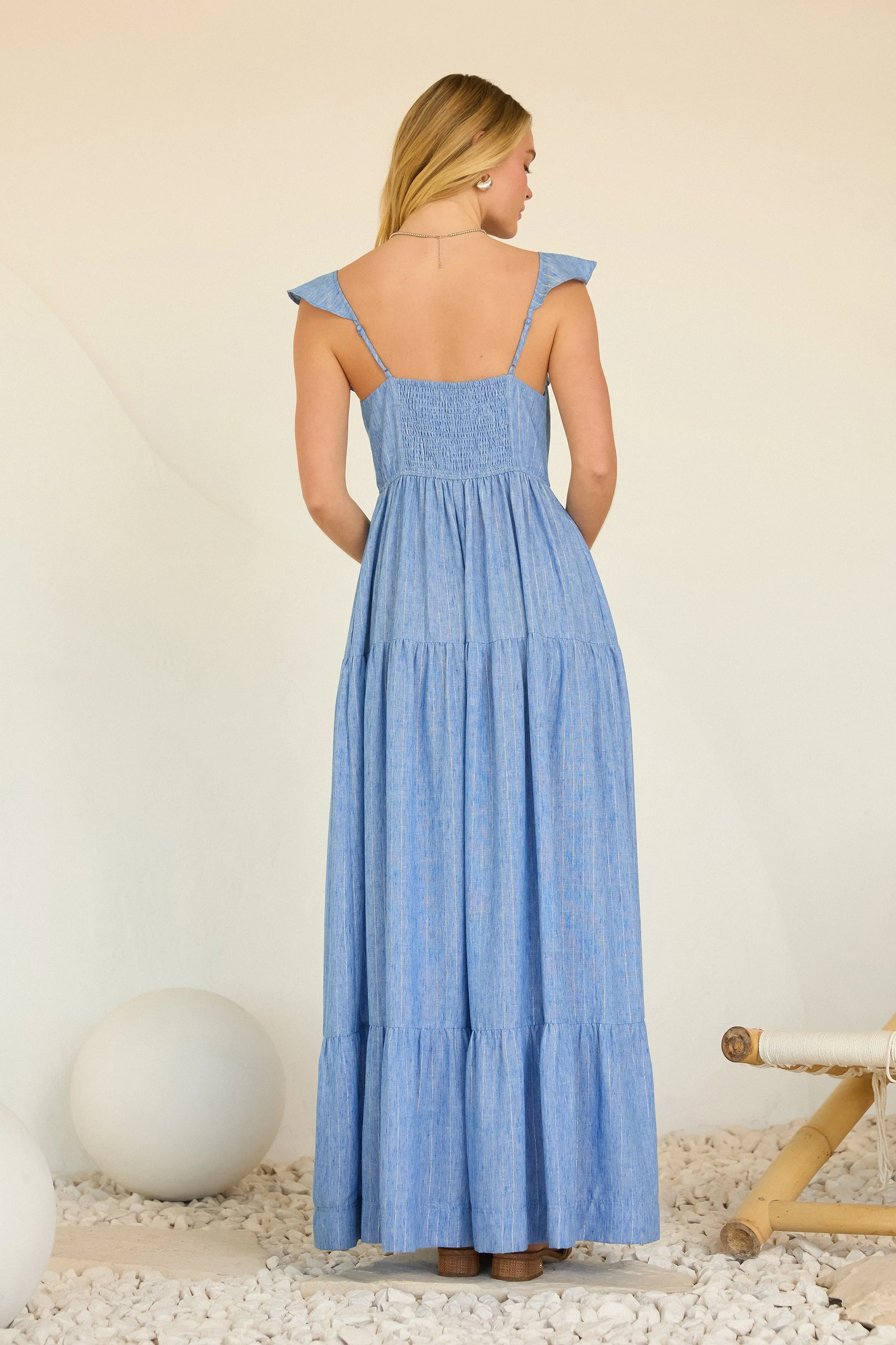 Blue Striped Flounce Neckline Button Down Maxi Dress - Image 3