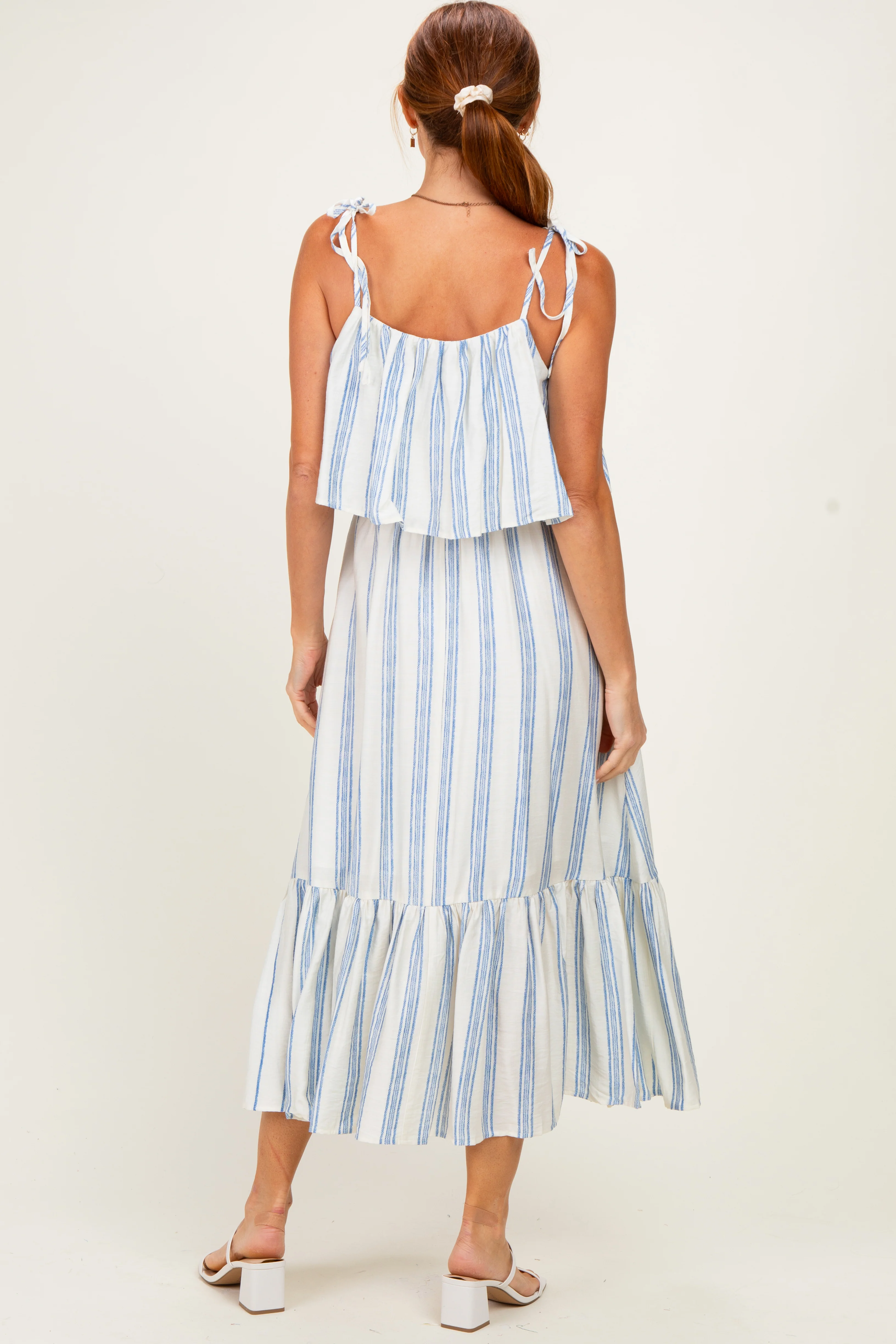 Blue Striped Flounce Shoulder Tie Midi Dress - Image 3