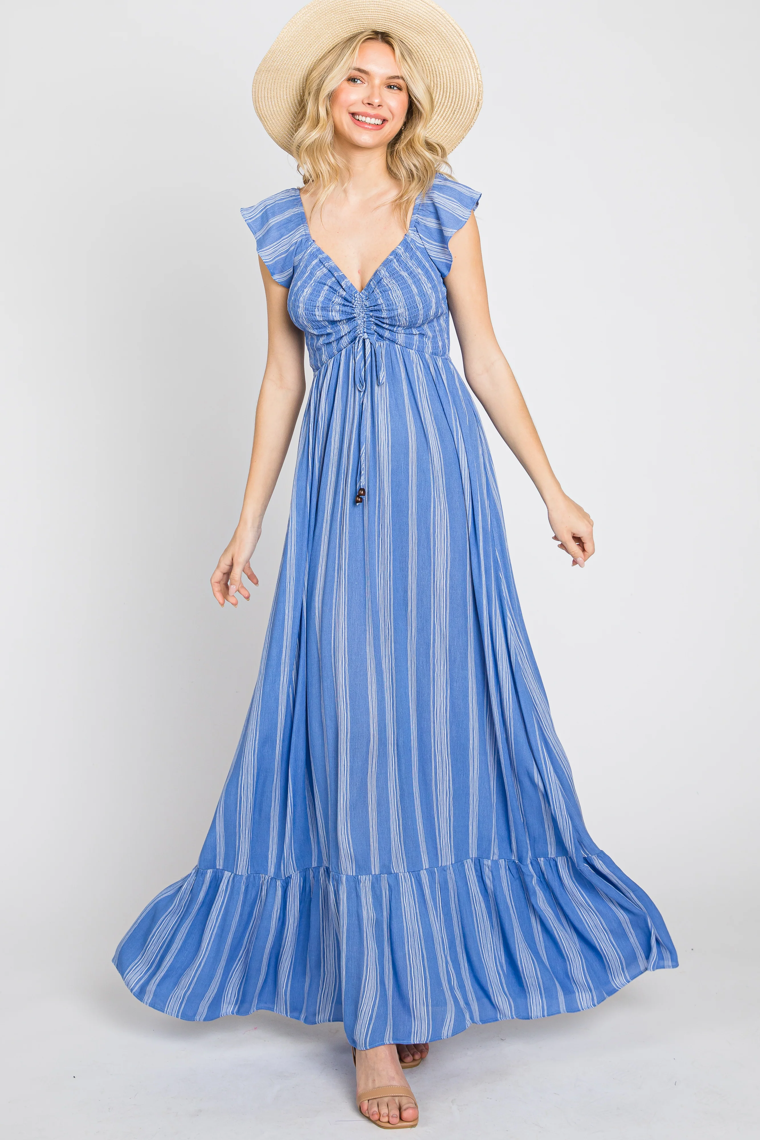 Blue Striped Off Shoulder Front Tie Maternity Maxi Dress - Image 7