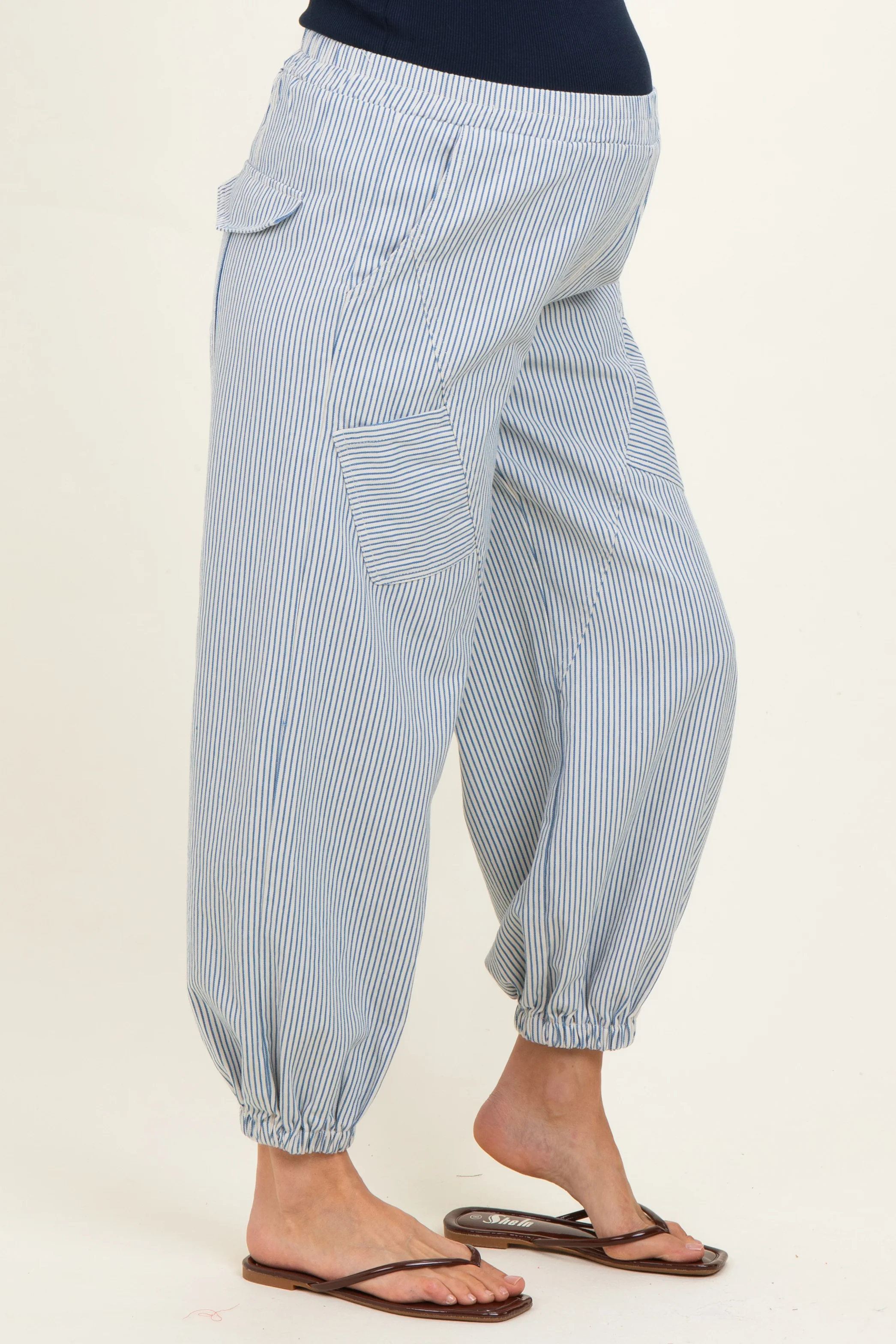 Blue Striped Patch Pocket Maternity Pants - Image 3