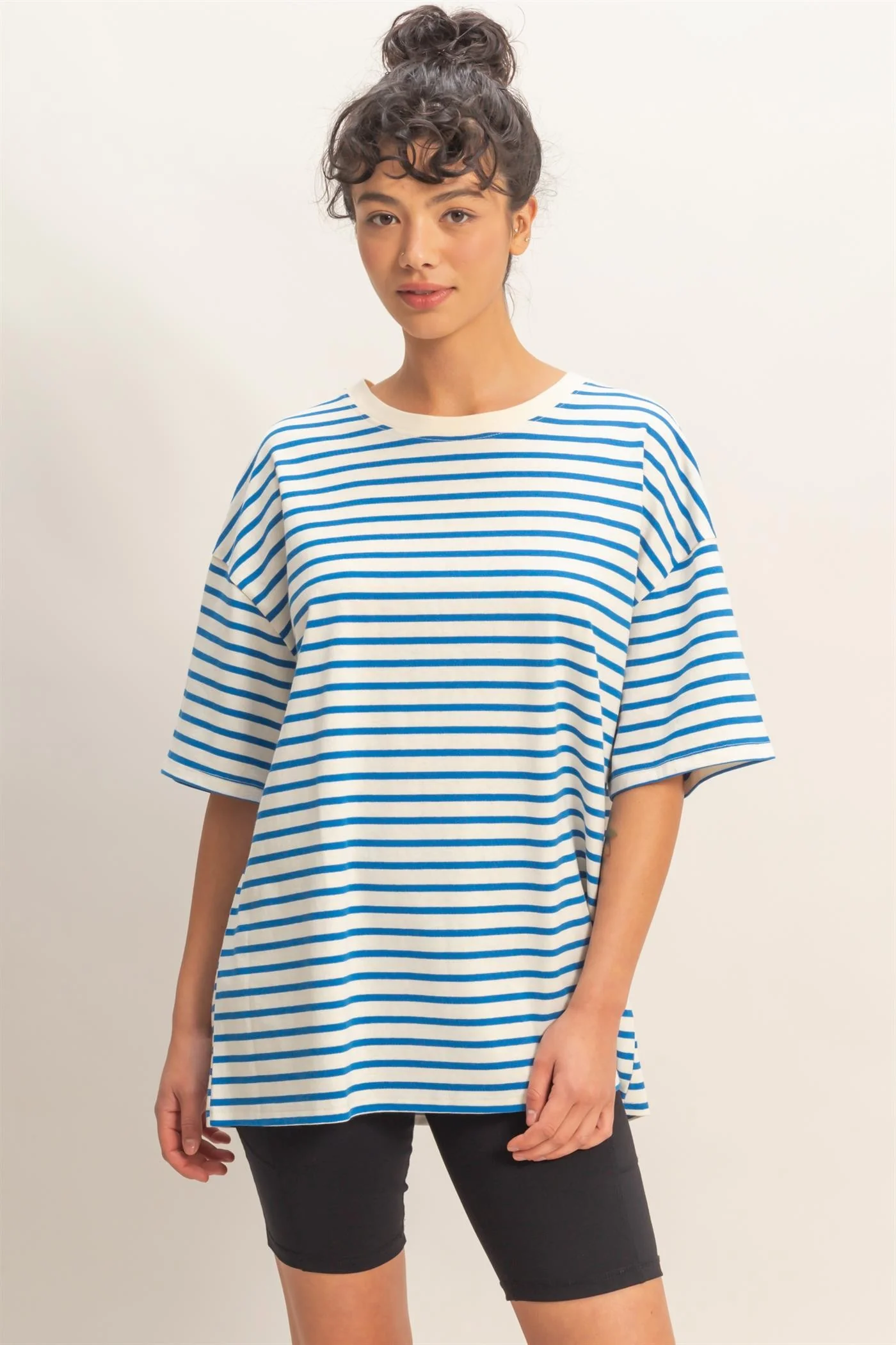 Blue Striped Short Sleeve Crew Neck Oversized Cotton Top - Image 4