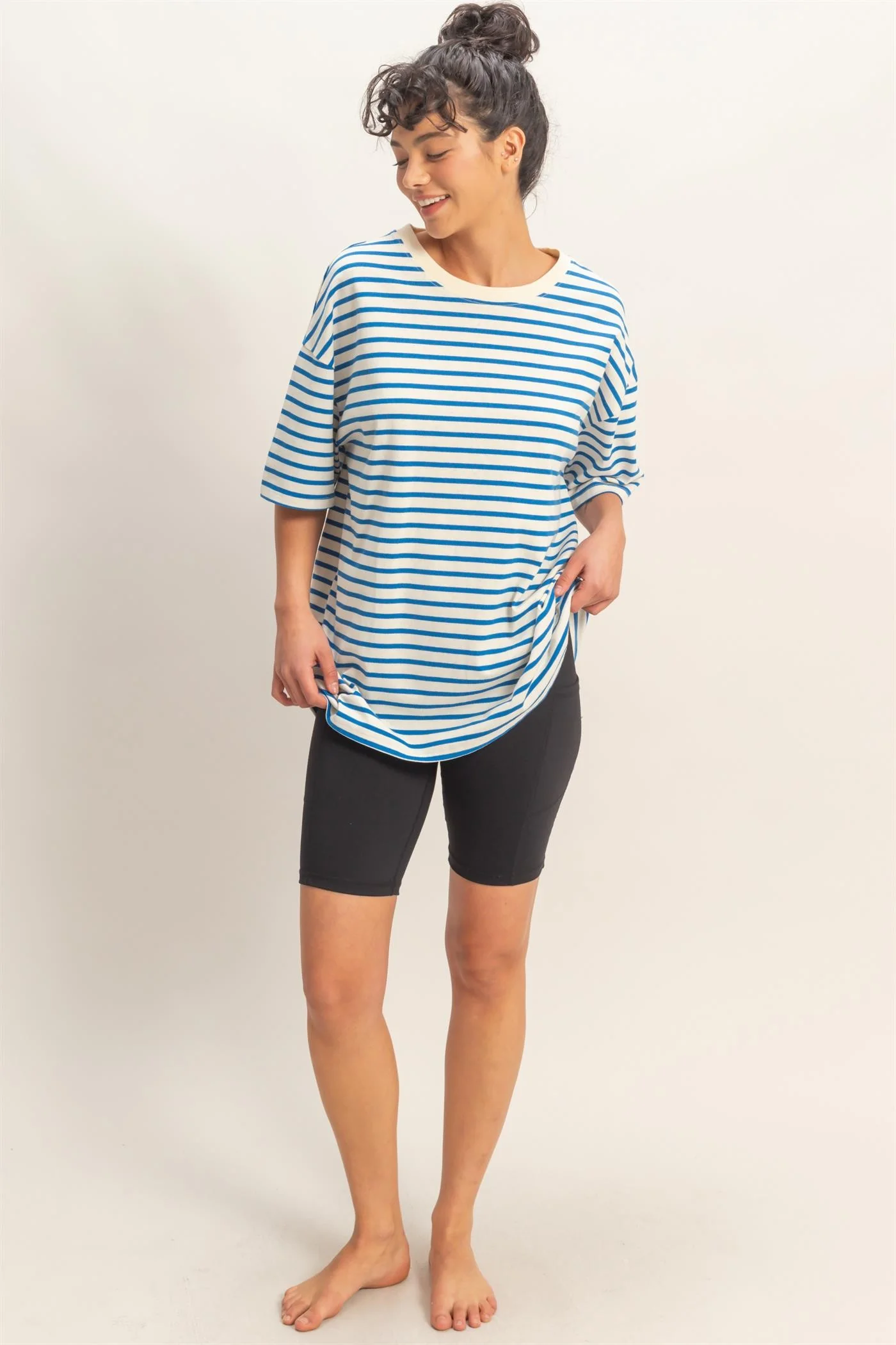 Blue Striped Short Sleeve Crew Neck Oversized Cotton Top - Image 5