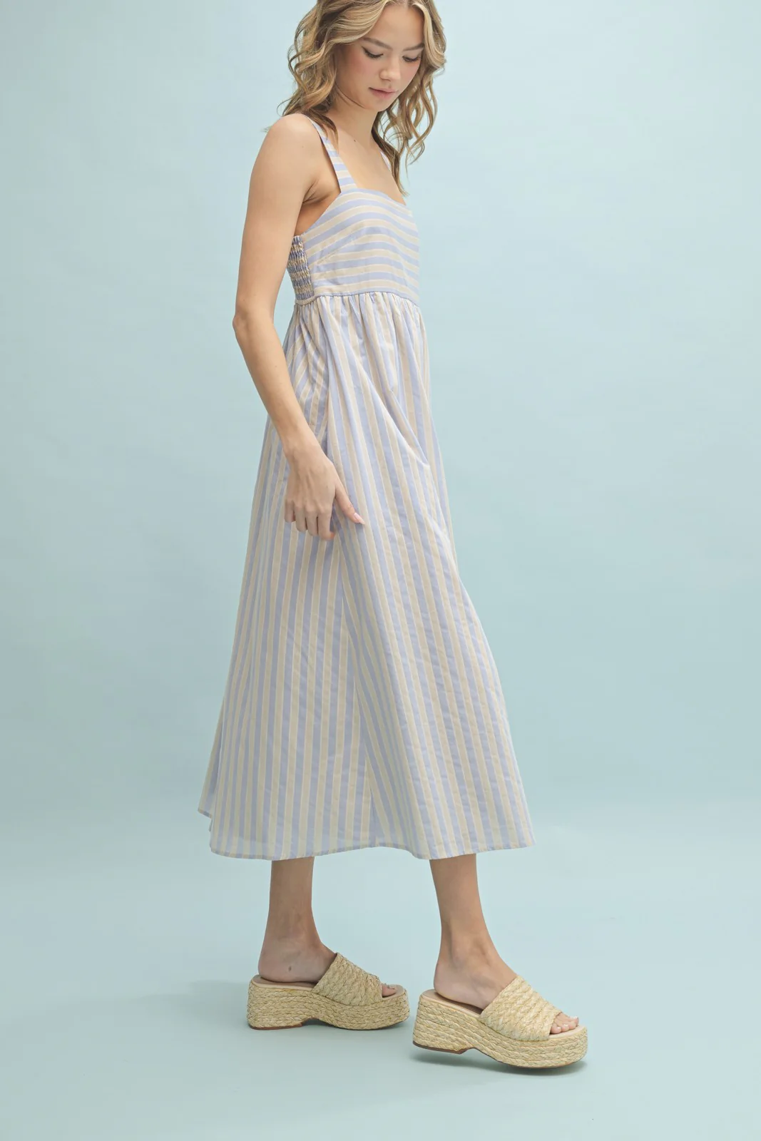 Blue Striped Sleeveless Midi Dress - Image 3