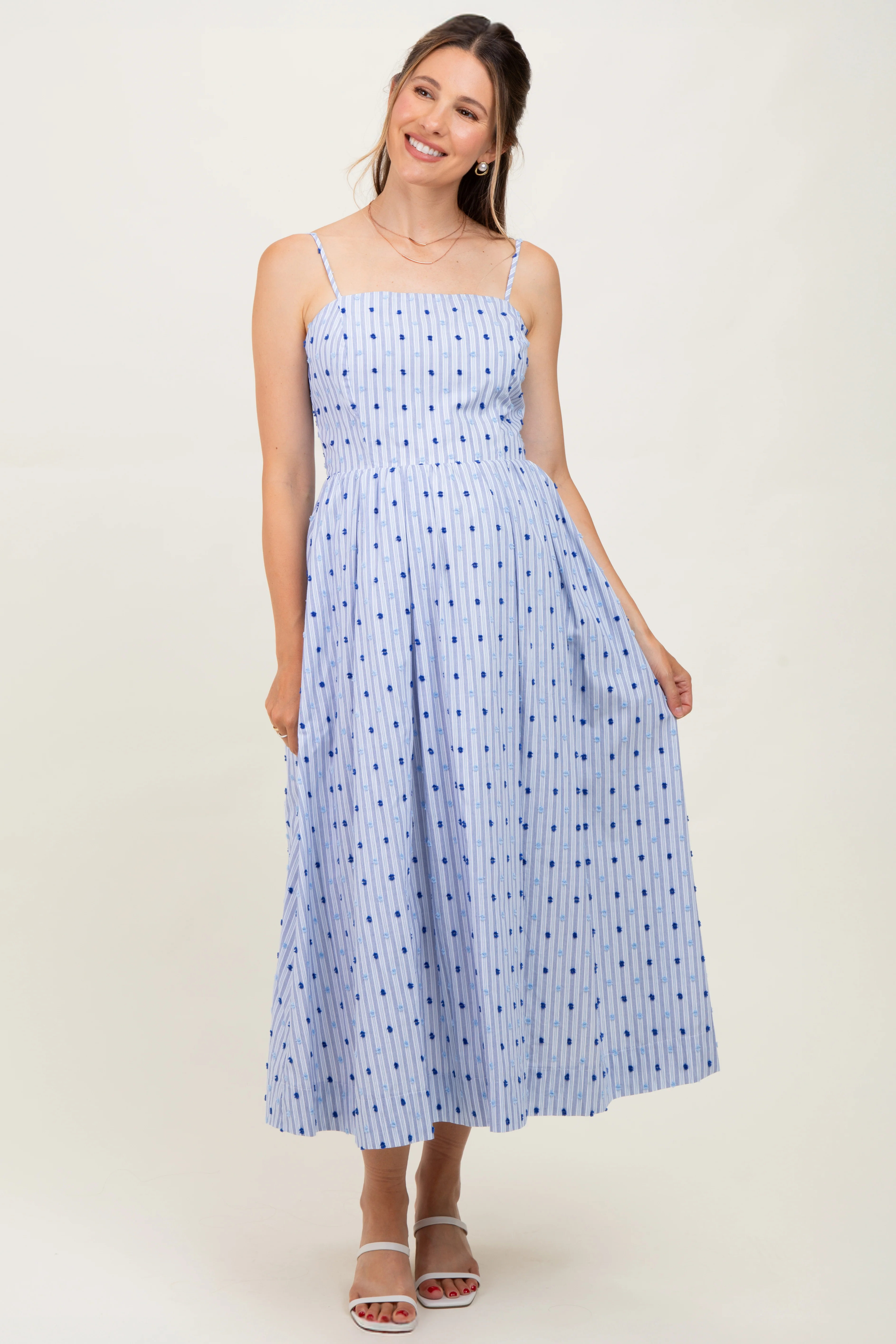 Blue Striped Swiss Dot Sleeveless Maternity Midi Dress - Image 2