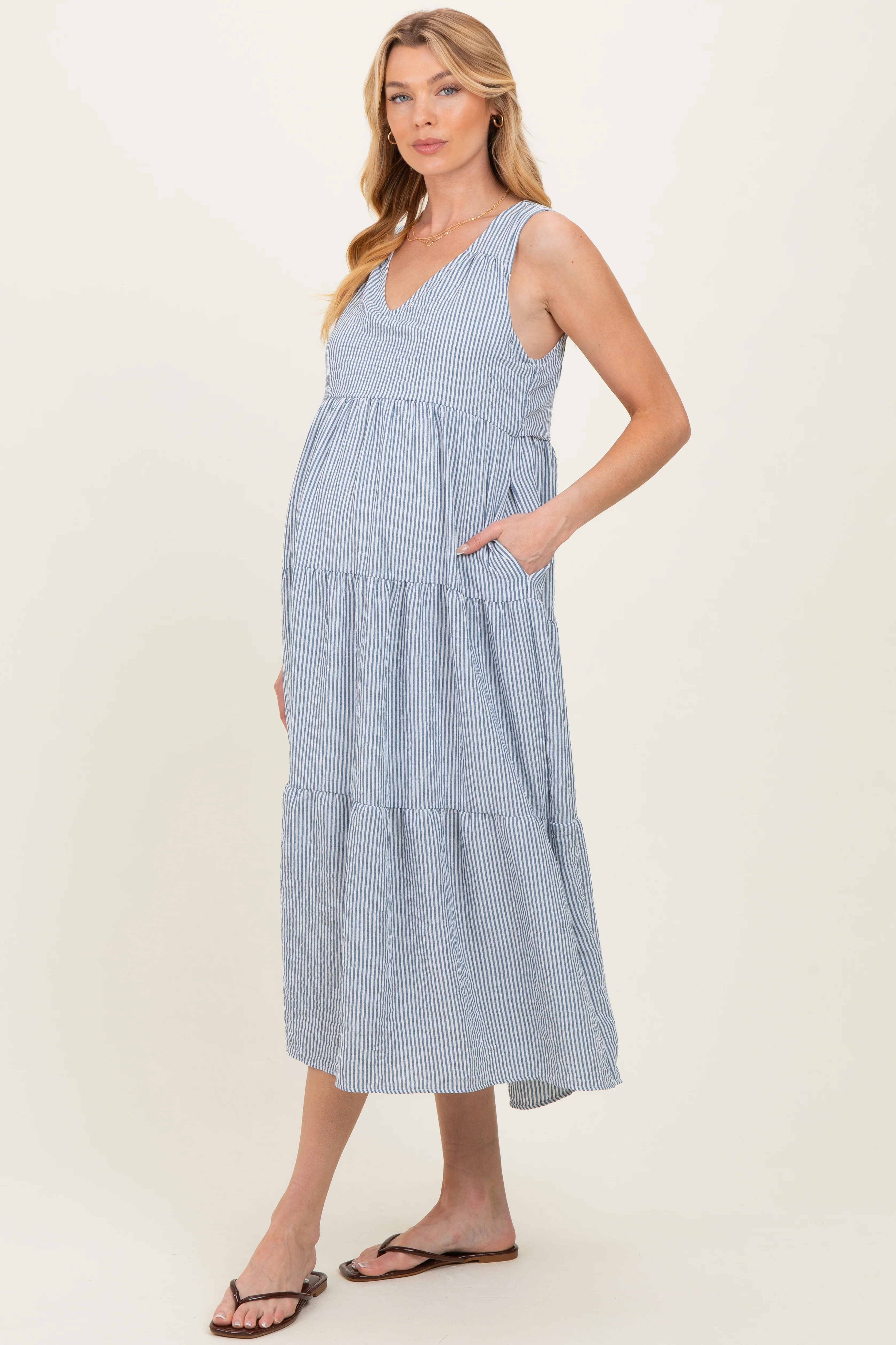 Blue Striped V-Neck Sleeveless Tiered Maternity Midi Dress - Image 2