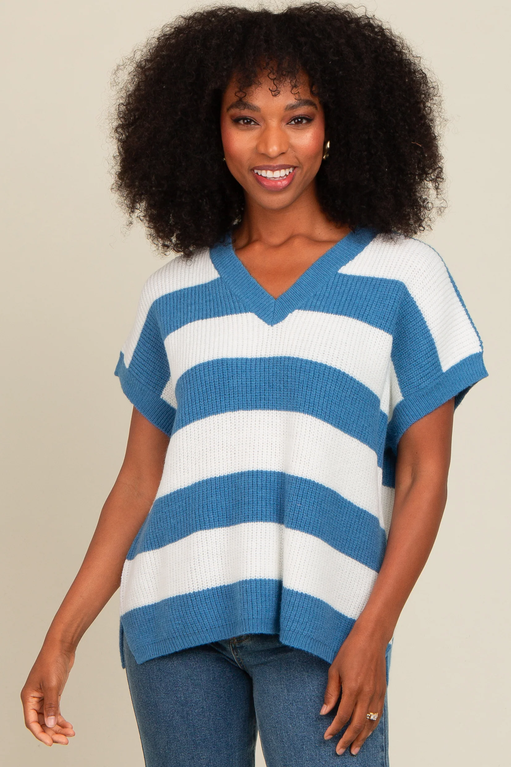Blue Striped V-Neck Sweater Top - Image 2