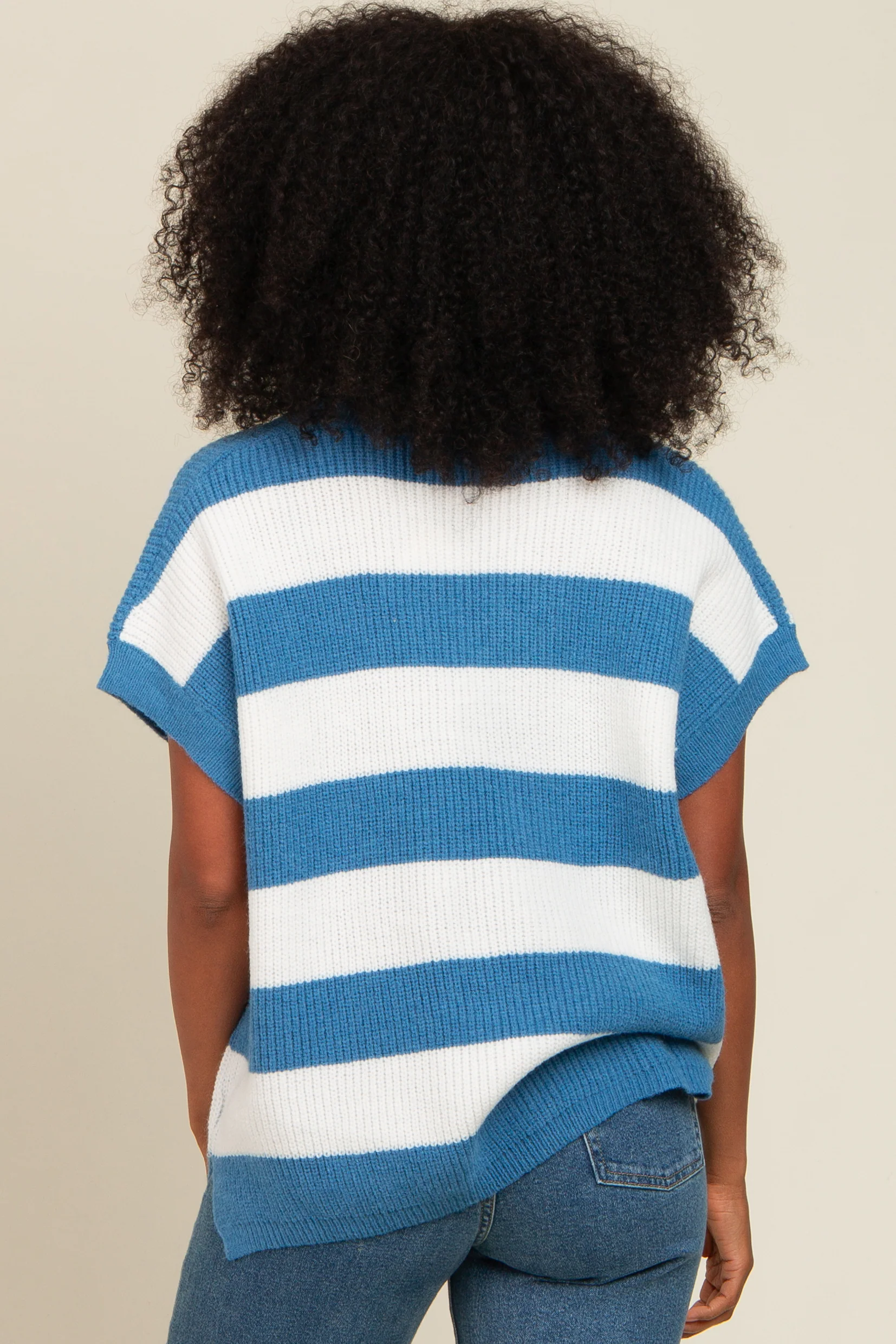 Blue Striped V-Neck Sweater Top - Image 4