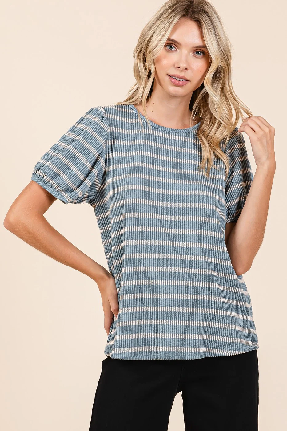 Blue Textured Knit Striped Puff Sleeve Maternity Top - Image 3