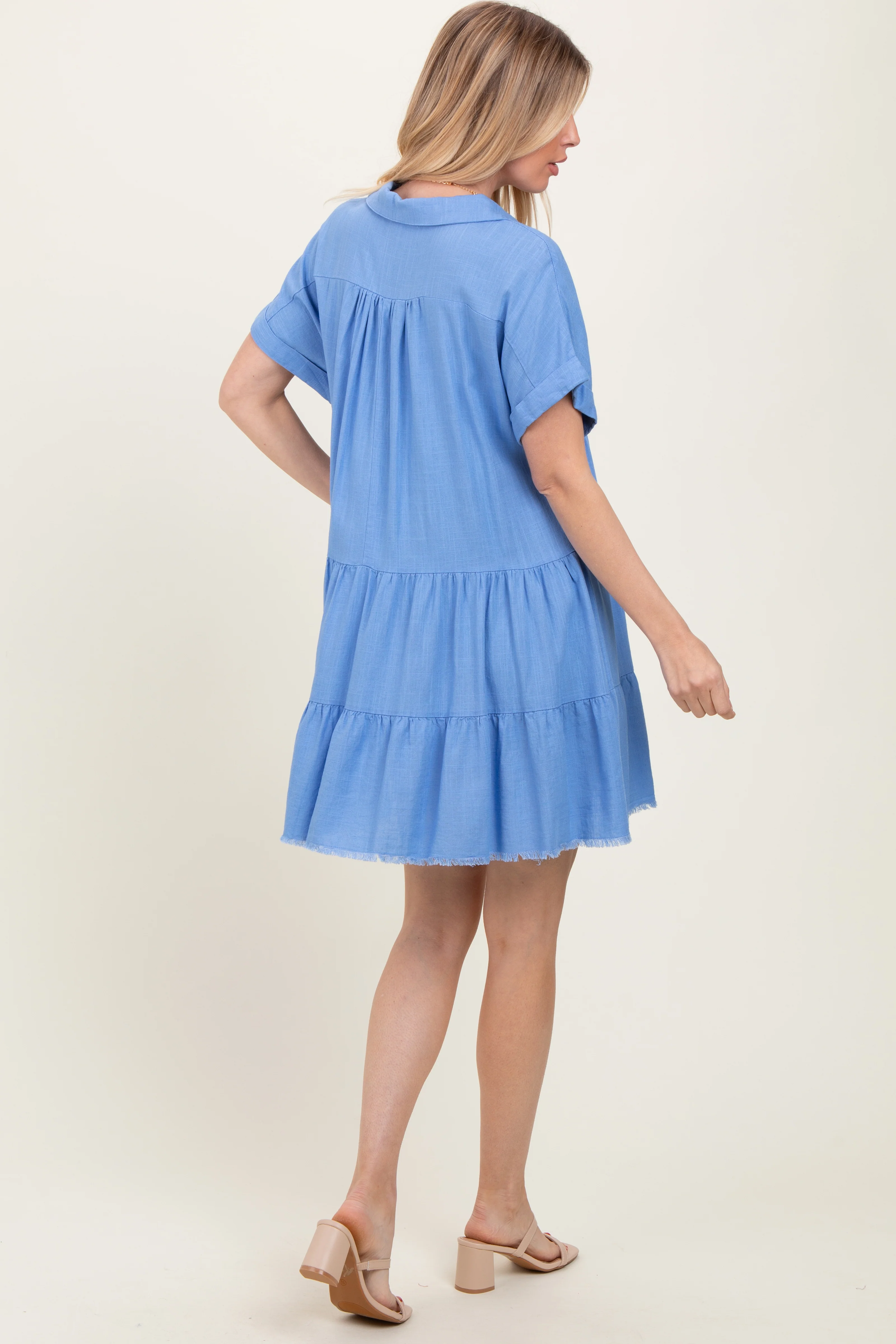 Blue Tiered Linen Dress - Image 4