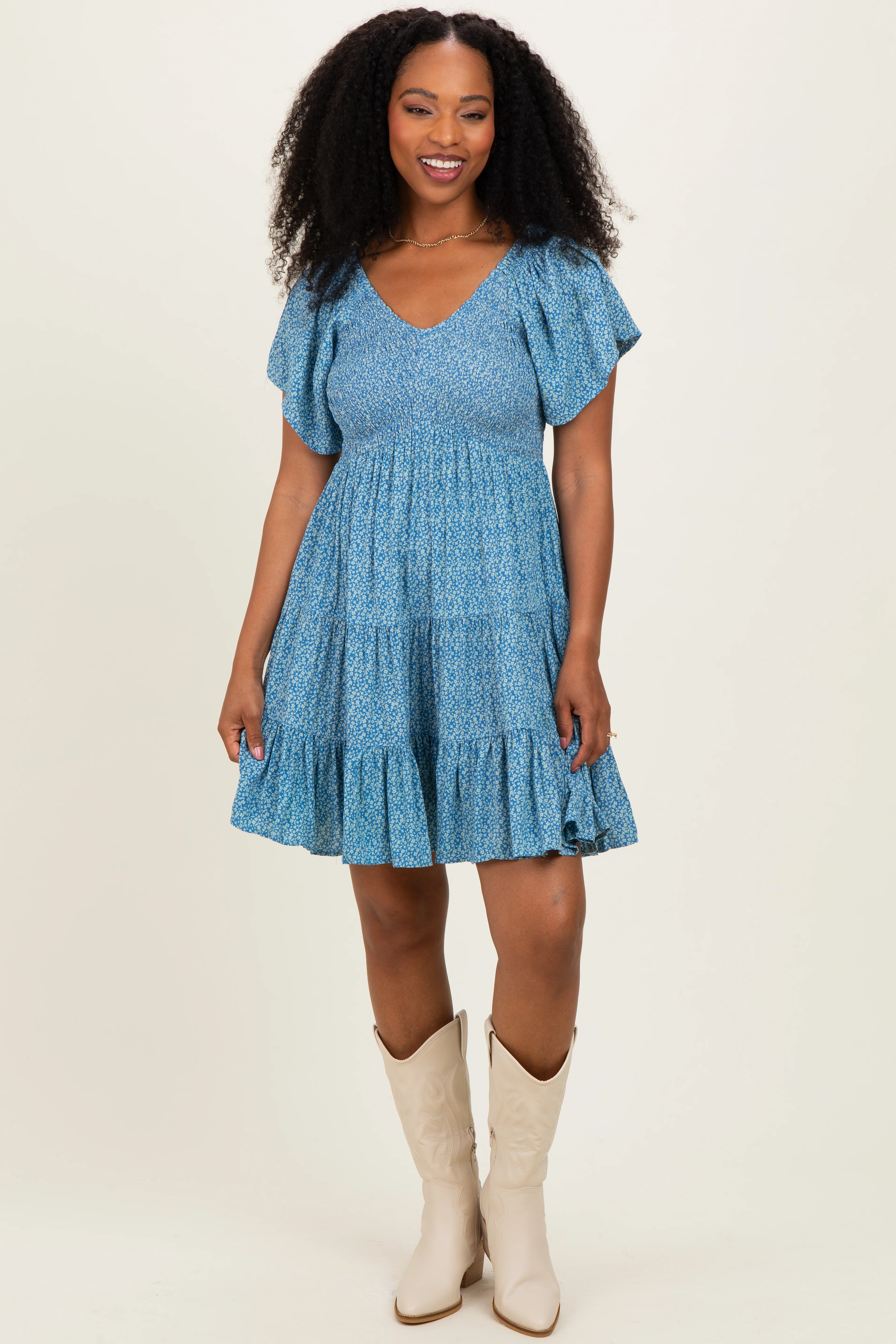 Blue V Neck Smocked Bust Short Sleeve Short Maternity Dress - Image 5