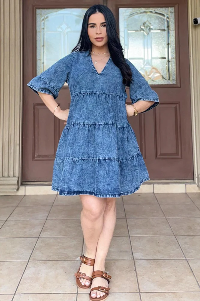 Blue Vintage Wash Tiered Maternity Dress - Image 15