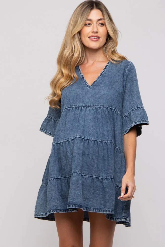 Blue Vintage Wash Tiered Maternity Dress - Image 3