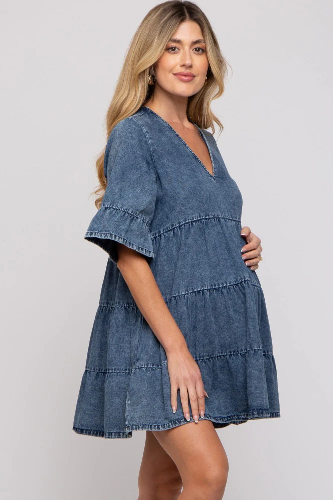 Blue Vintage Wash Tiered Maternity Dress - Image 4