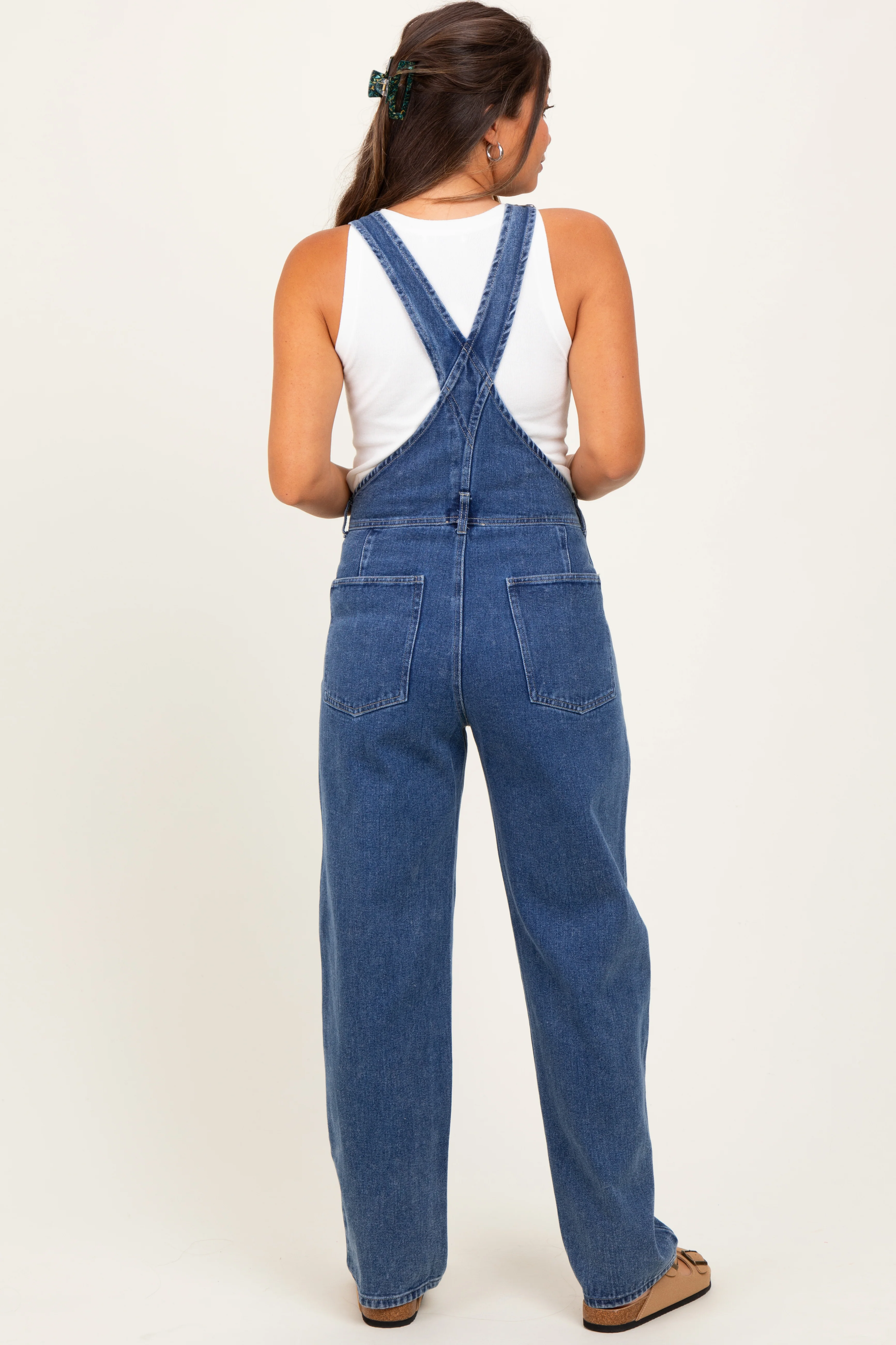 Blue Wash Rolled Cuff Maternity Denim Overalls - Image 6